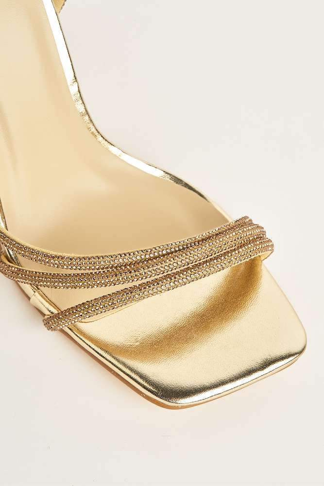 Miss Diva Gold Camina Diamante Embellished 3 Strap Heels