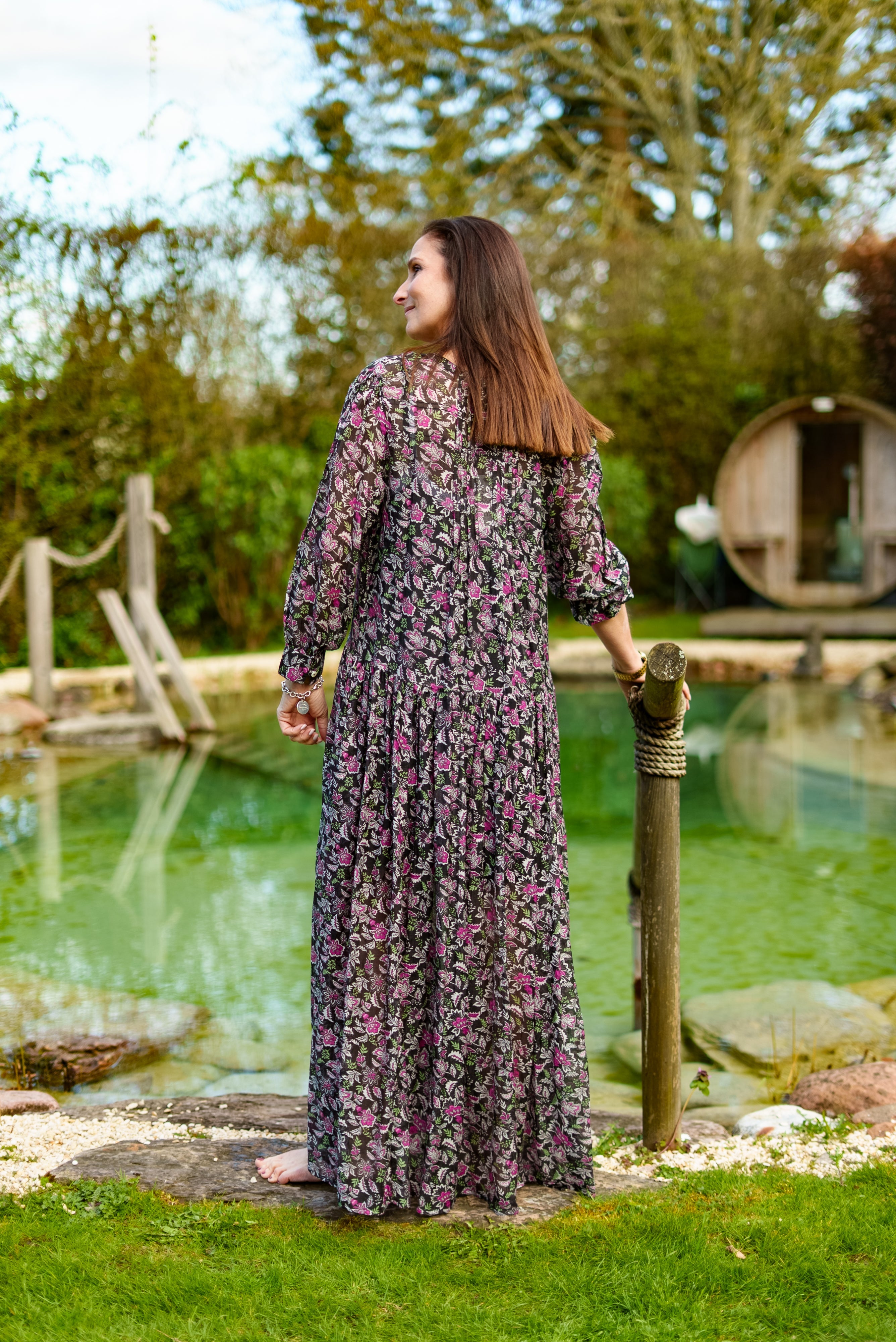 Soul Of Sita Inky Black Cotton / Silk Maxi Dress In Beautiful Floral Print With Separate Cotton Vest Under Garment. Side Pockets.