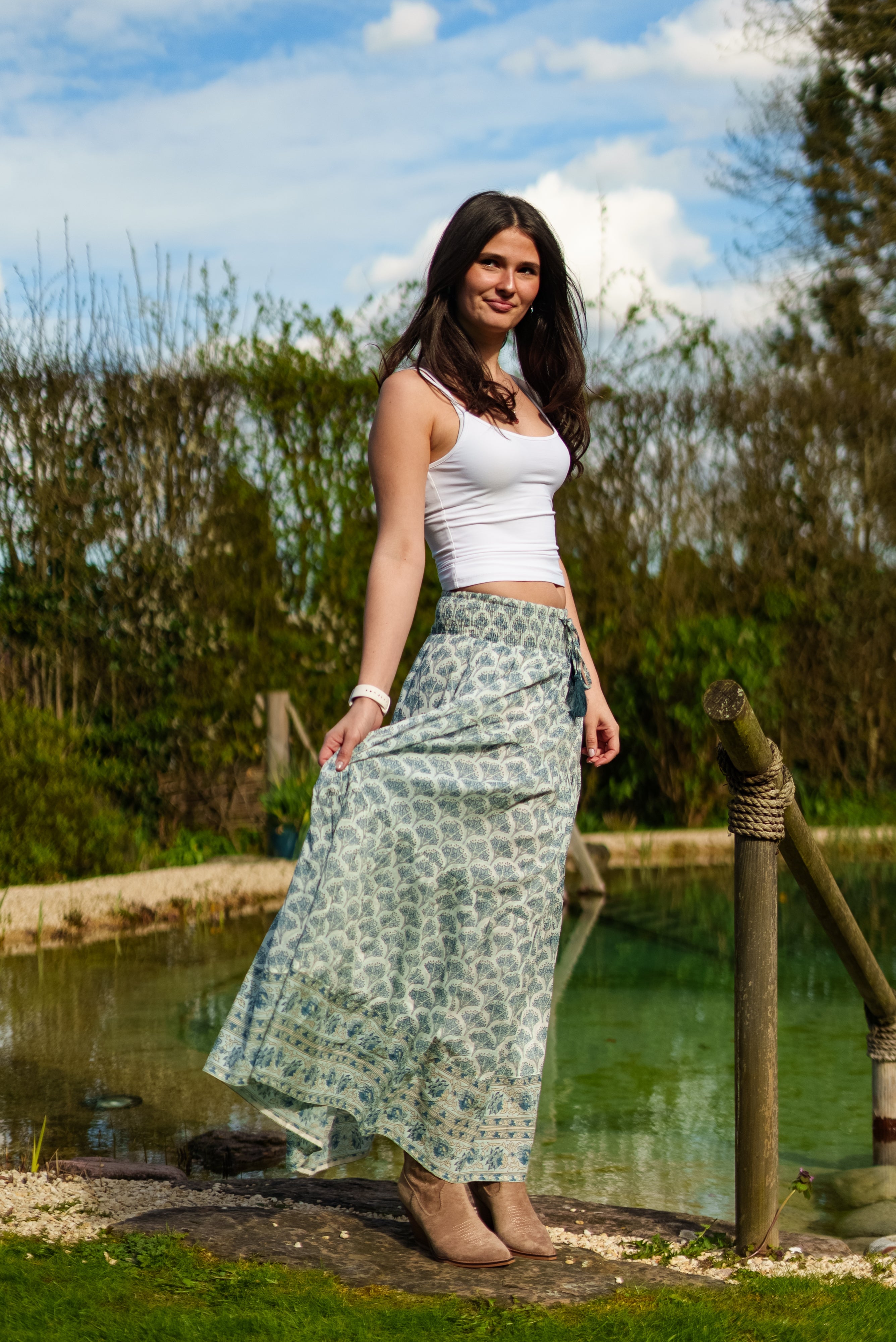 Soul Of Sita Adalyn Pattern Maxi Woodblock Printed Skirt In Blue