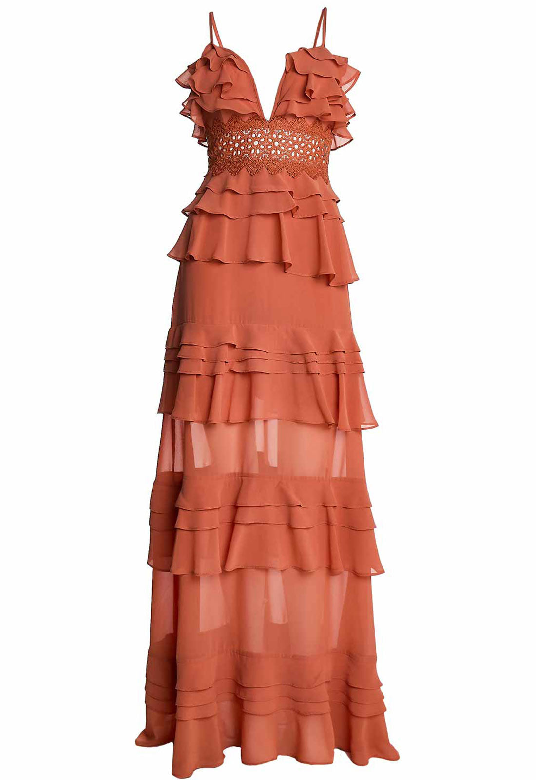 True Decadence Soft Rust Sophia Plunge Front Tiered Ruffle Maxi Dress