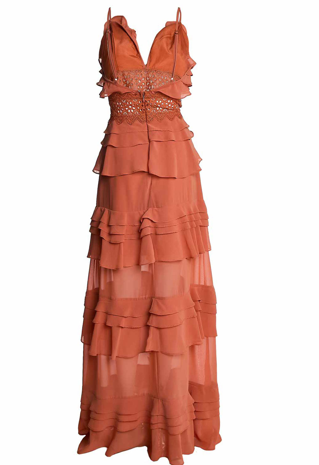 True Decadence Soft Rust Sophia Plunge Front Tiered Ruffle Maxi Dress