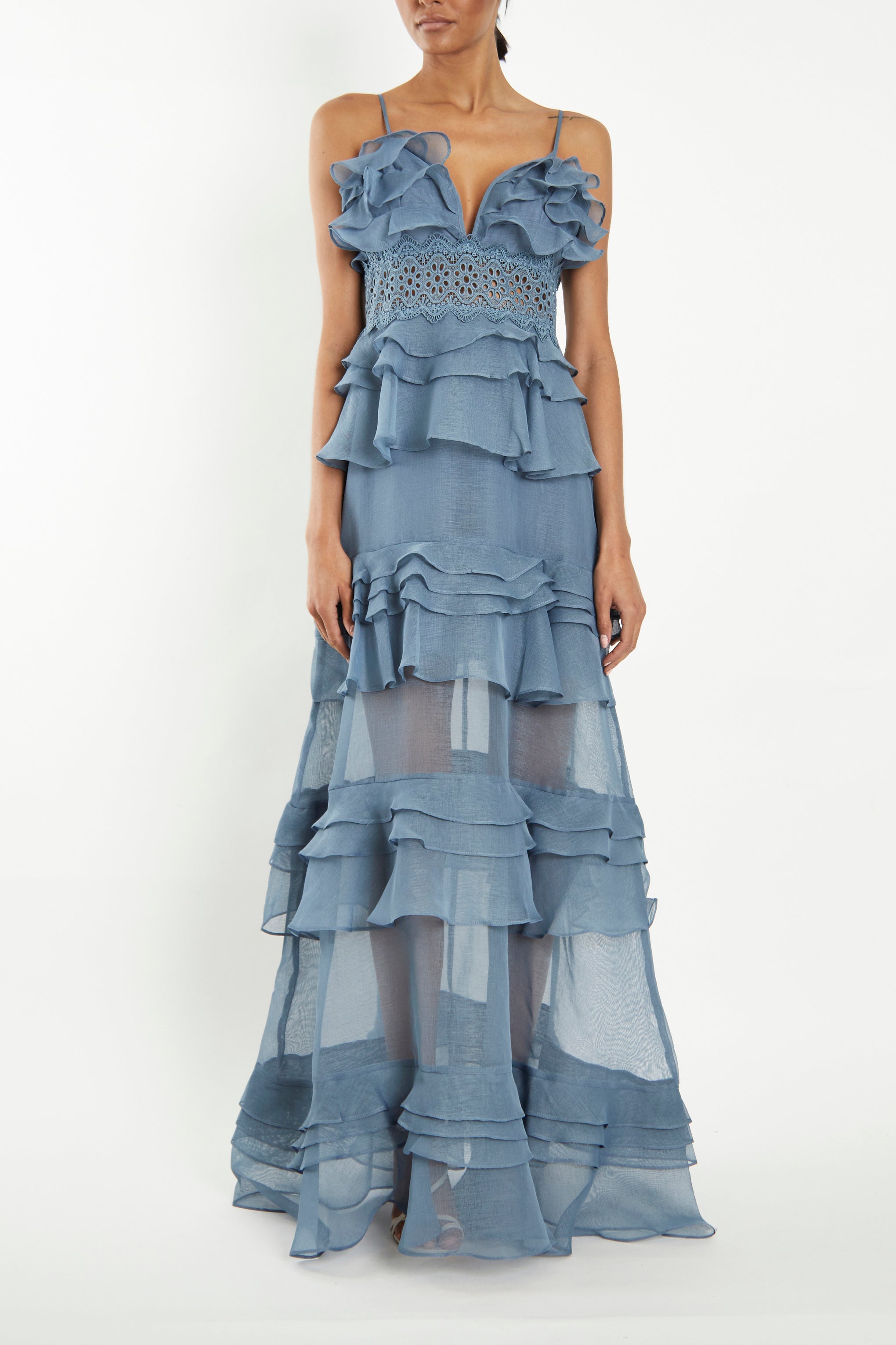 Sophia Light Steel Blue Tiered Ruffle Maxi Dress-image-1