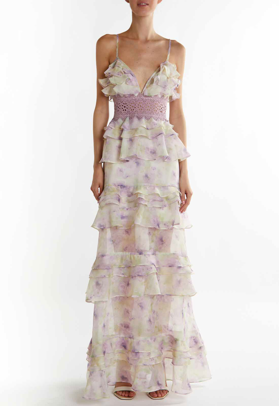 True Decadence Green-Lilac Watercolour Sophia Plunge Front Tiered Ruffle Maxi Dress