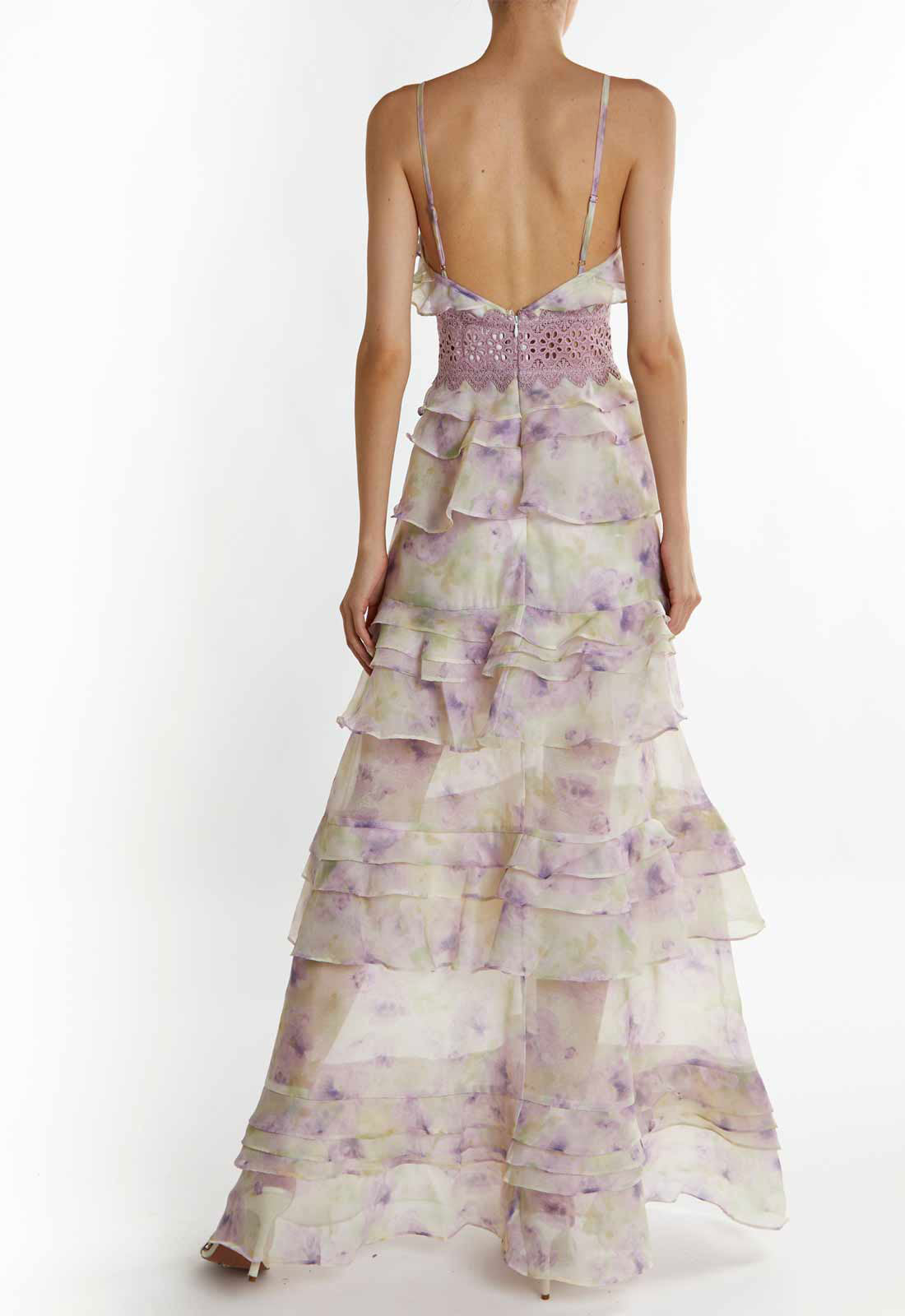 True Decadence Green-Lilac Watercolour Sophia Plunge Front Tiered Ruffle Maxi Dress