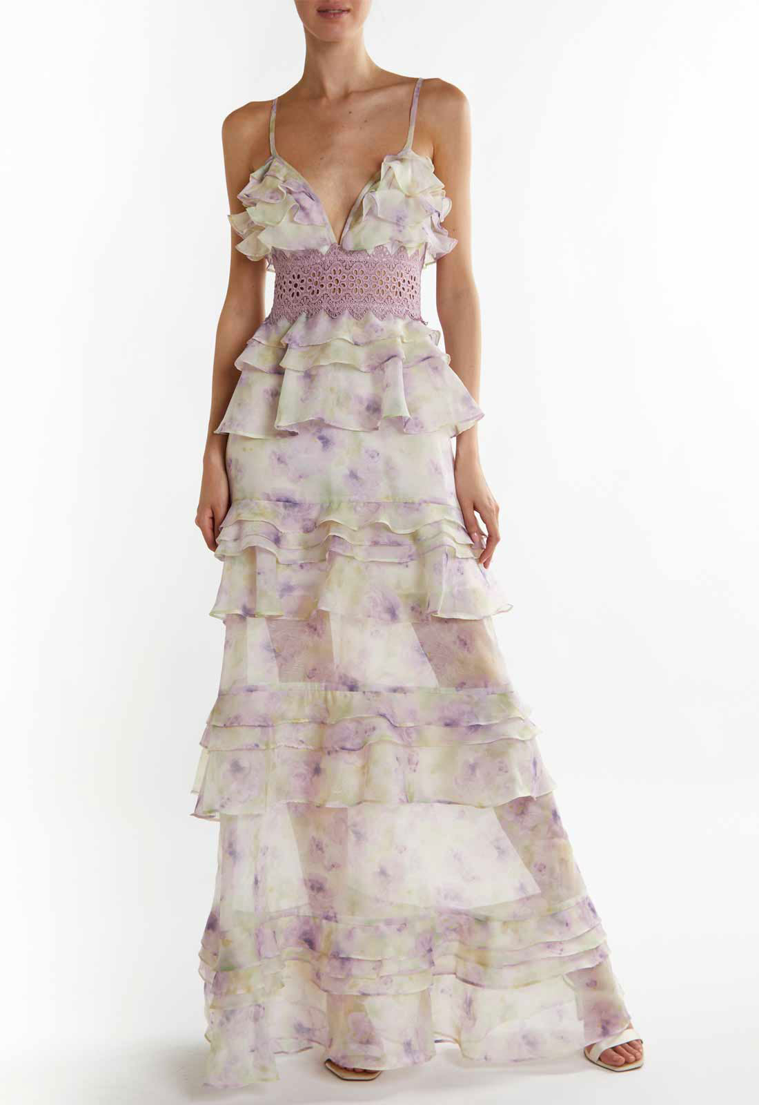 True Decadence Green-Lilac Watercolour Sophia Plunge Front Tiered Ruffle Maxi Dress