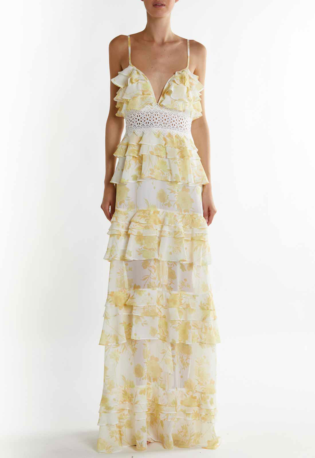 True Decadence Yellow Watercolour-Floral Sophia Plunge Front Tiered Ruffle Maxi Dress