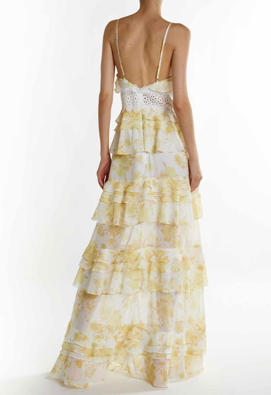 True Decadence Yellow Watercolour-Floral Sophia Plunge Front Tiered Ruffle Maxi Dress