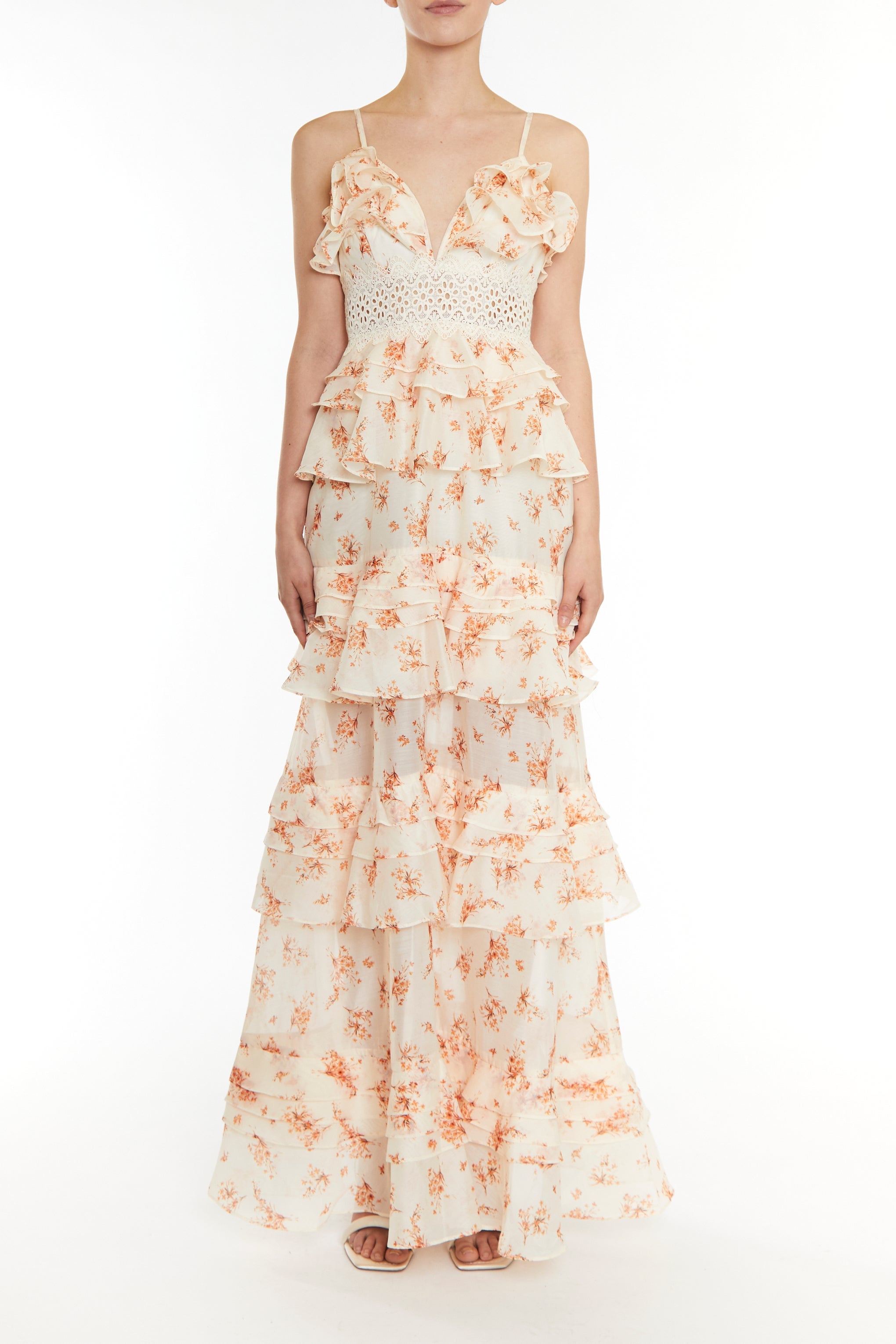 Sophia Cream Orange Floral Plunge Front Tiered Ruffle Maxi-Dress-image-1
