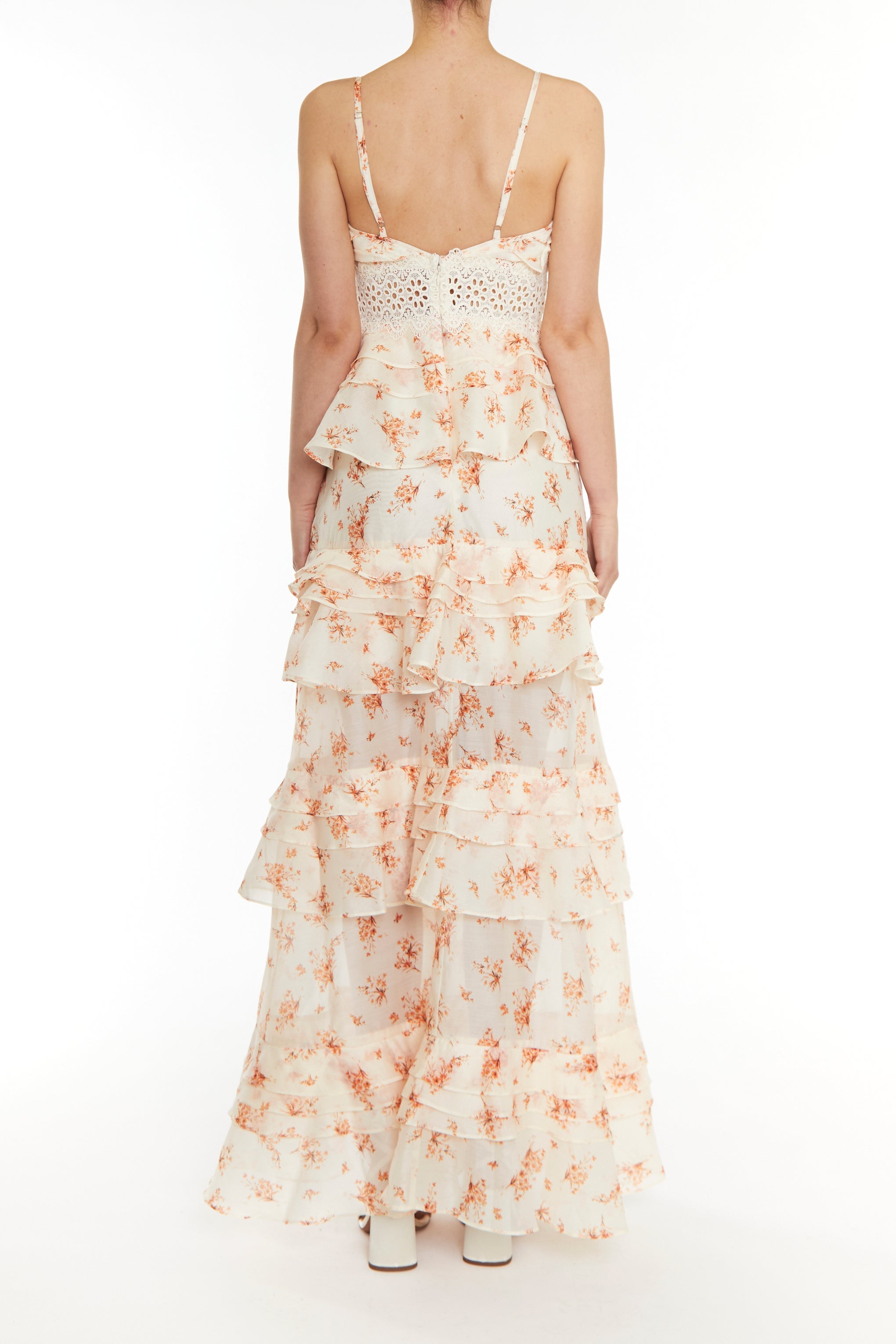 Sophia Cream Orange Floral Plunge Front Tiered Ruffle Maxi-Dress-image-2