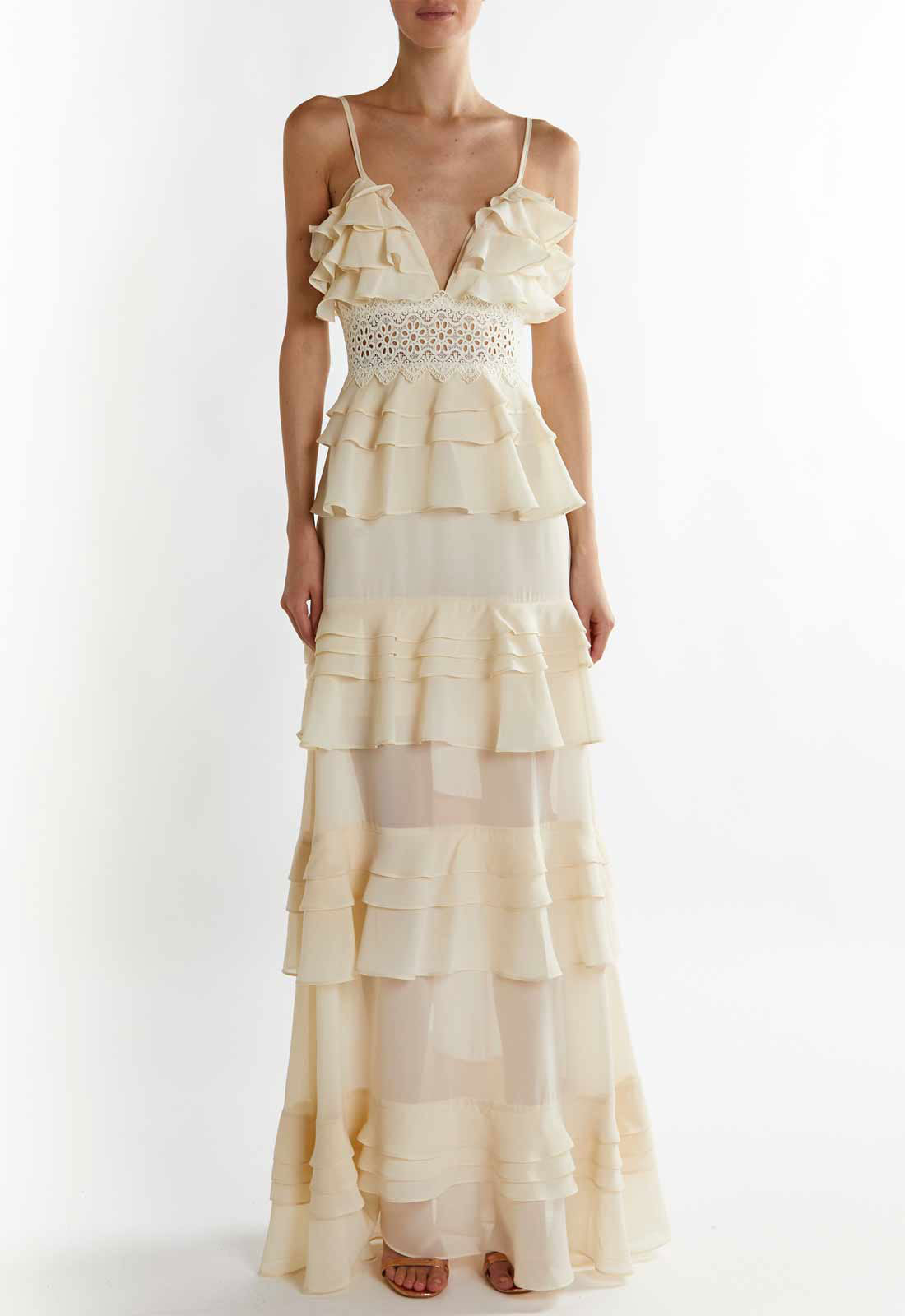 True Decadence Cream Sophia Plunge Front Tiered Ruffle Maxi Dress