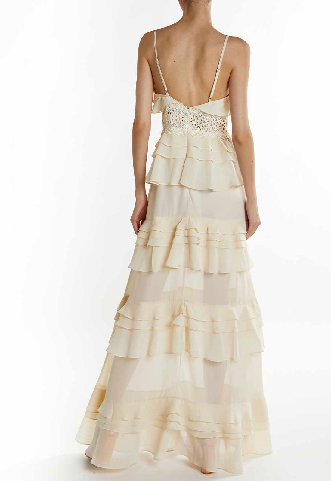 True Decadence Cream Sophia Plunge Front Tiered Ruffle Maxi Dress