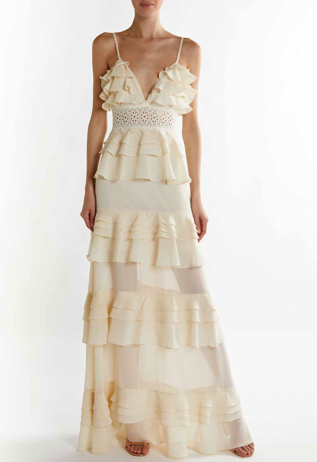 True Decadence Cream Sophia Plunge Front Tiered Ruffle Maxi Dress