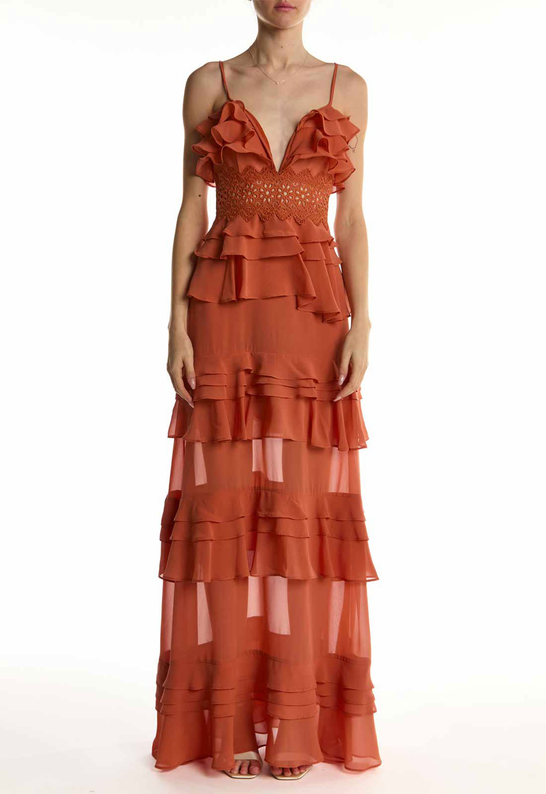 True Decadence Soft Rust Sophia Plunge Front Tiered Ruffle Maxi Dress