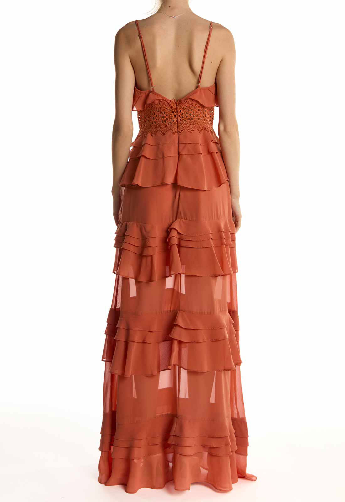 True Decadence Soft Rust Sophia Plunge Front Tiered Ruffle Maxi Dress