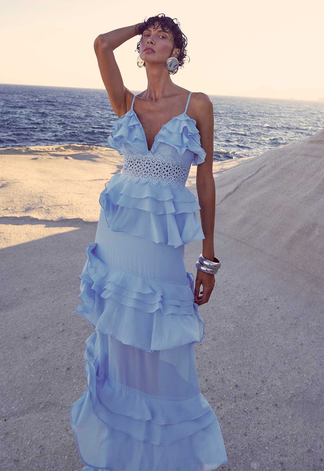 True Decadence Sky-Blue Sophia Plunge Front Tiered Ruffle Maxi Dress