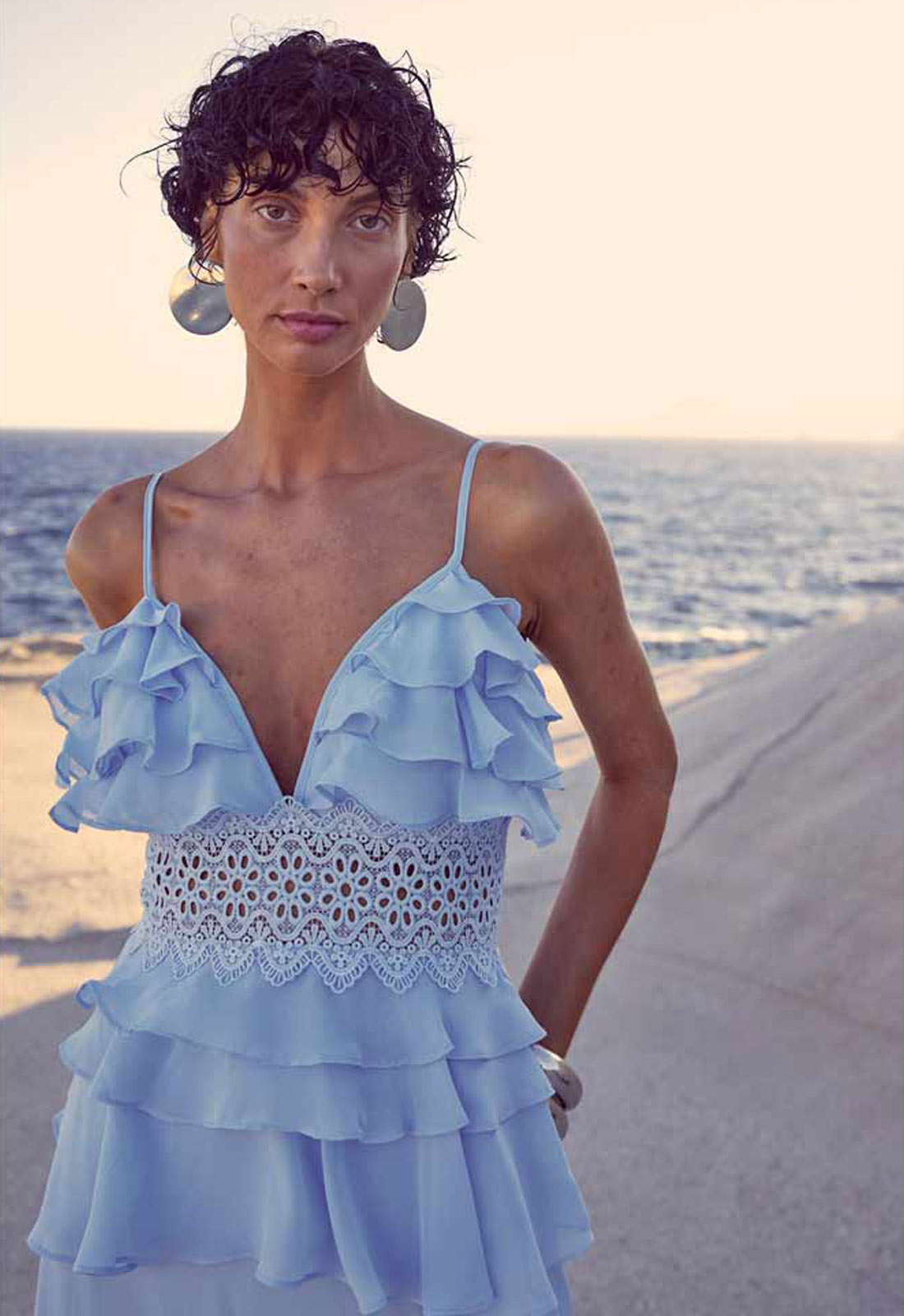 True Decadence Sky-Blue Sophia Plunge Front Tiered Ruffle Maxi Dress