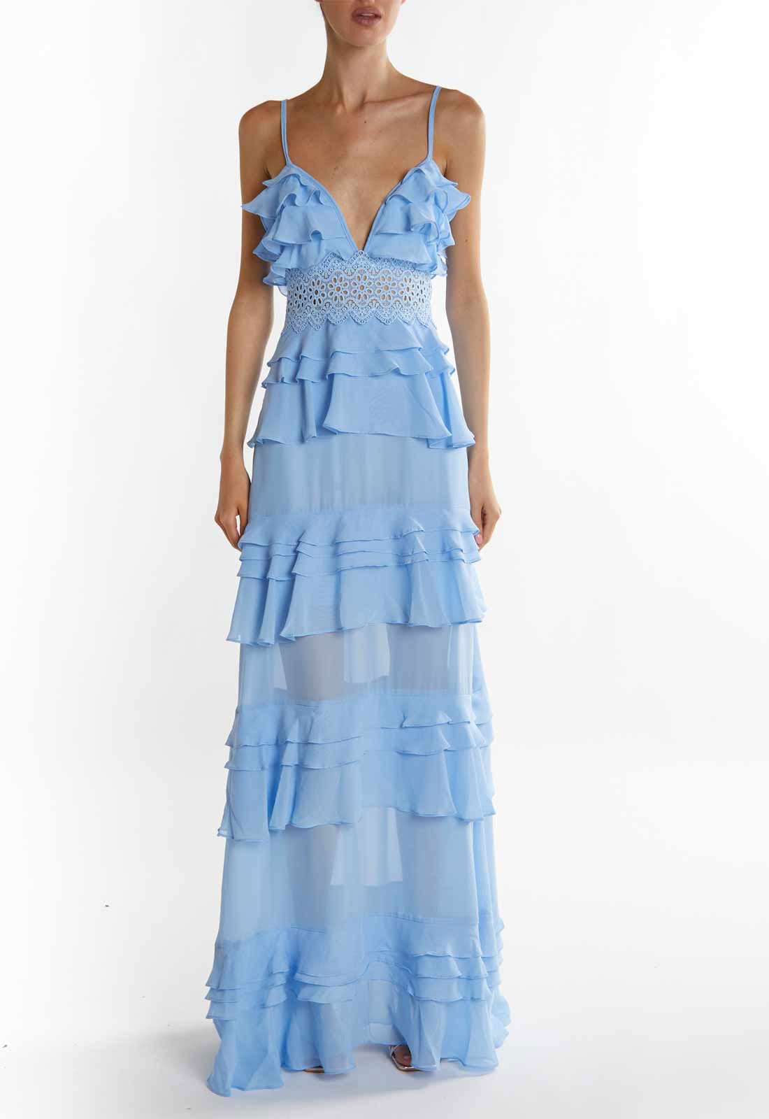 True Decadence Sky-Blue Sophia Plunge Front Tiered Ruffle Maxi Dress