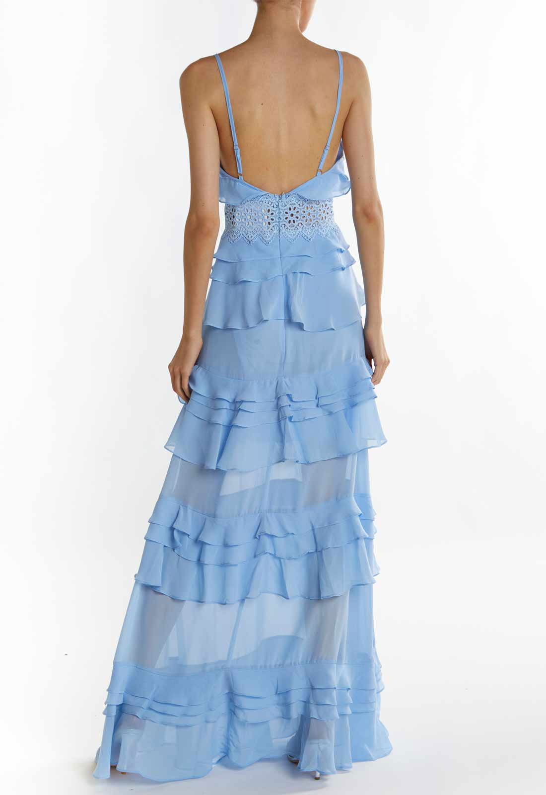 True Decadence Sky-Blue Sophia Plunge Front Tiered Ruffle Maxi Dress