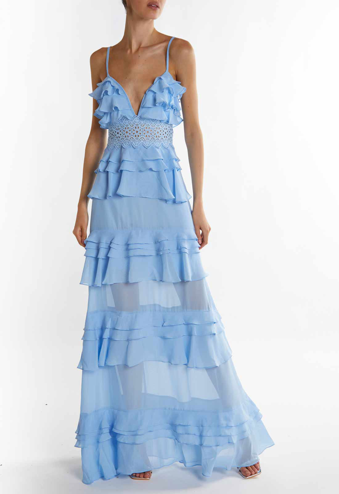True Decadence Sky-Blue Sophia Plunge Front Tiered Ruffle Maxi Dress