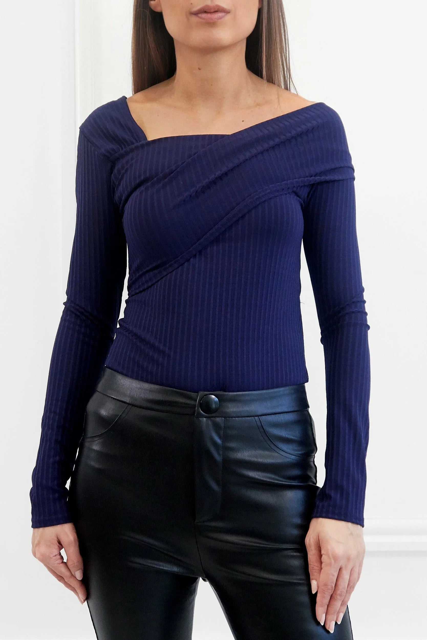 Honor Gold Clara Navy Ribbed Off The Shoulder Asymmetrical Top
