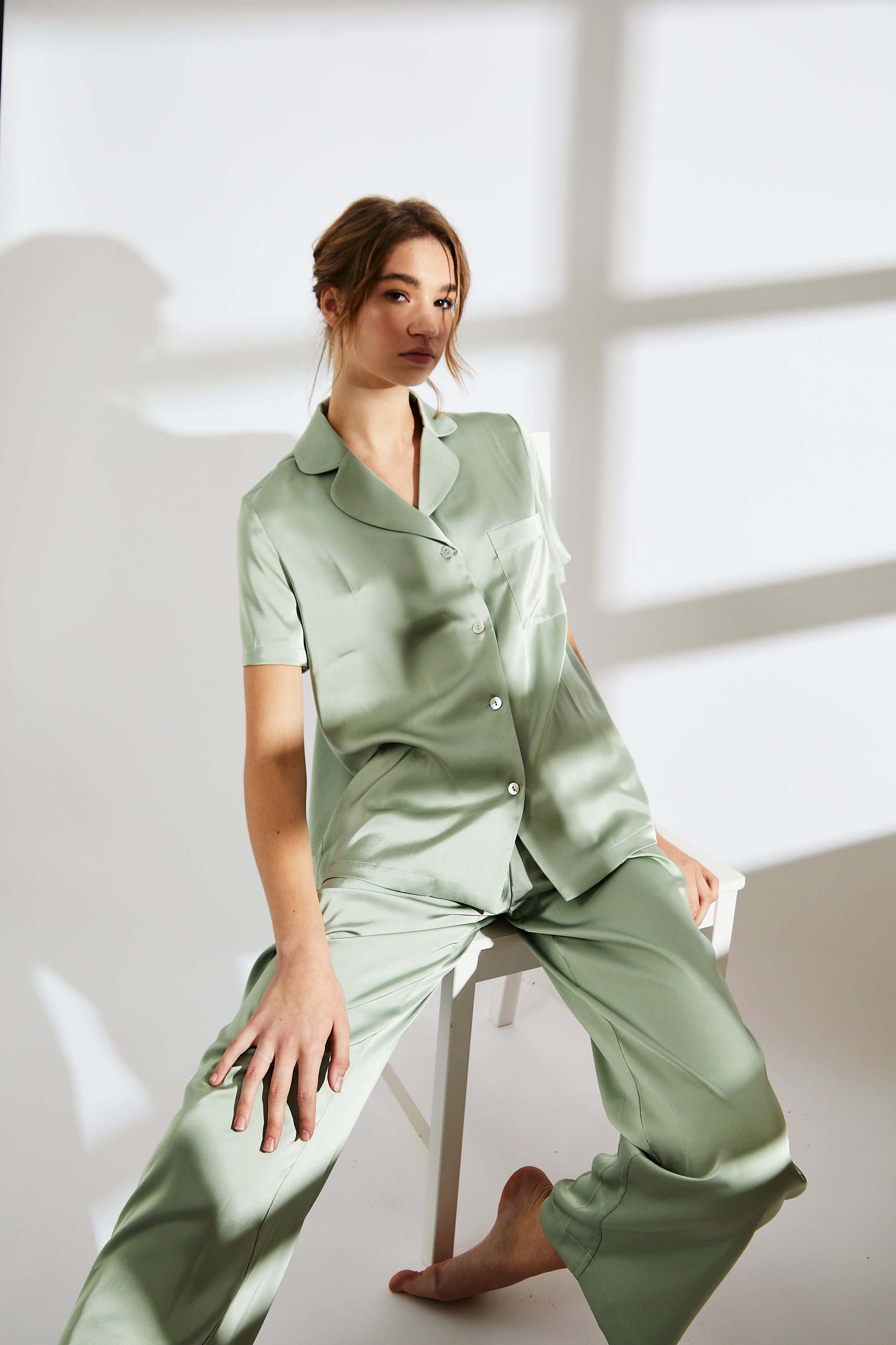 Sage Green Satin Pyjama Set-image-1