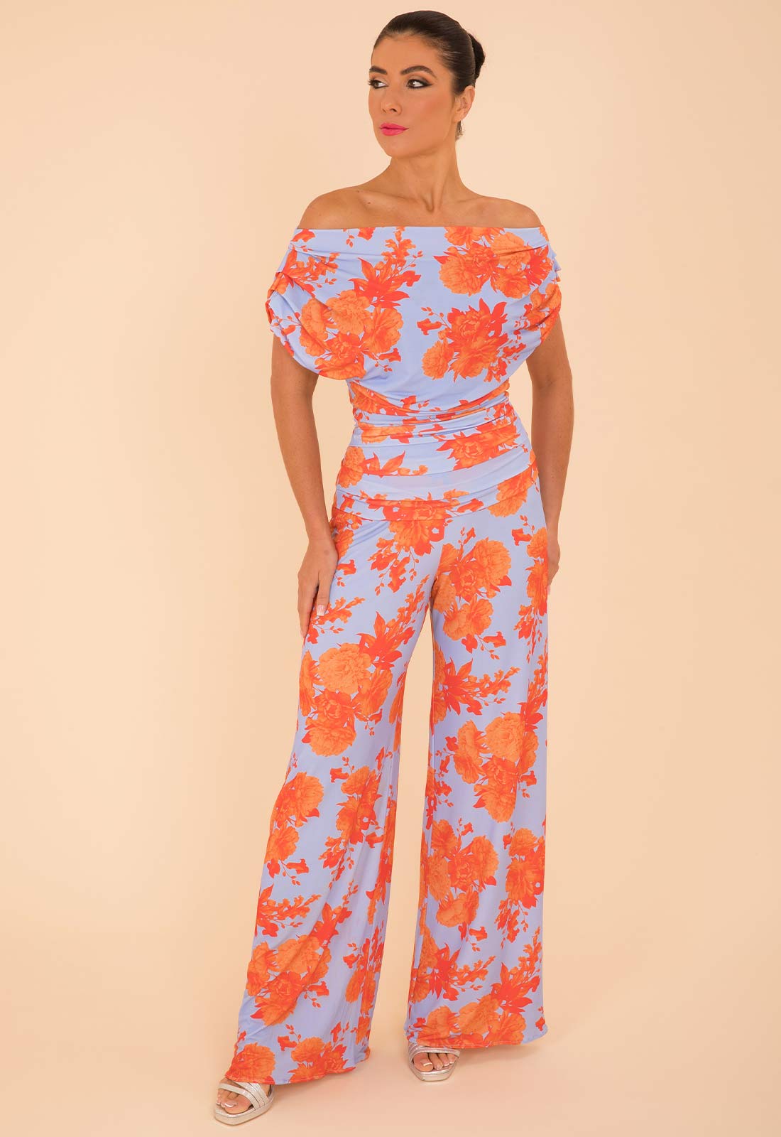 Atom Label Pale Blue And Orange Floral Carbon Jumpsuit