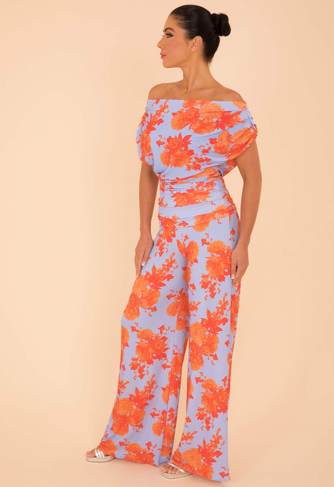 Atom Label Pale Blue And Orange Floral Carbon Jumpsuit