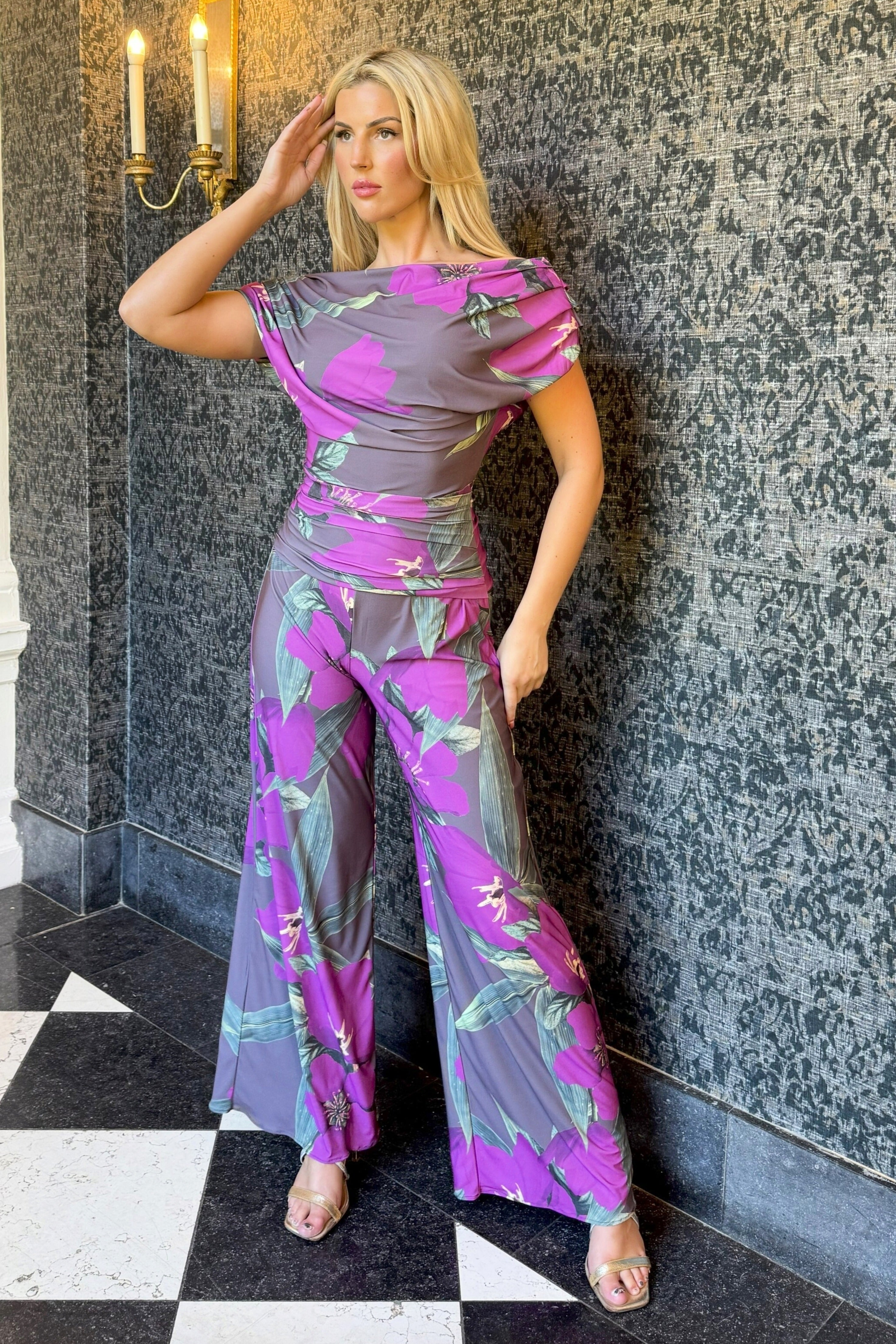 Carbon jumpsuit in magenta lily print