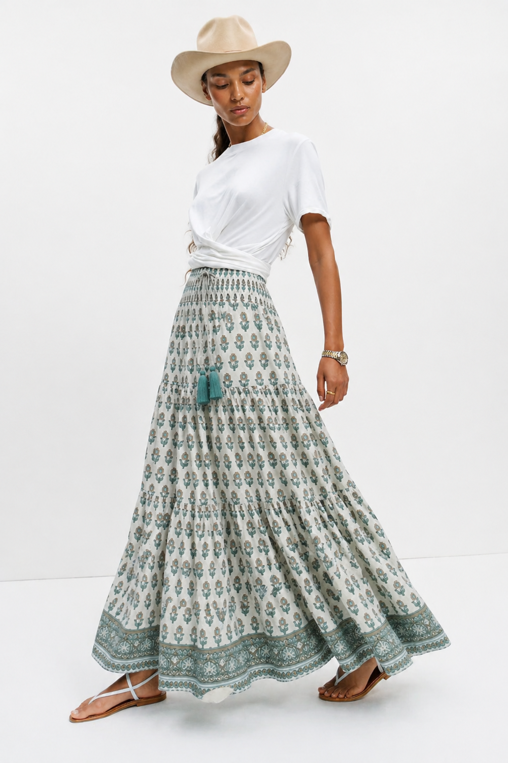 Soul Of Sita Woodblock Printed Cotton Voile Maxi Skirt With Border Print.