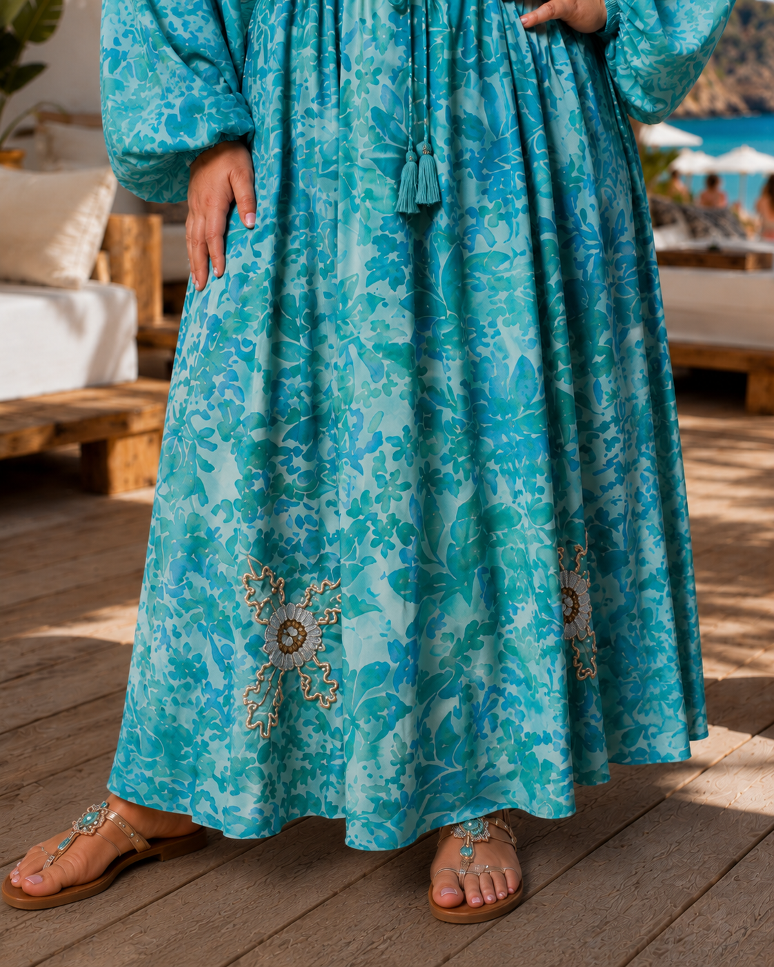 Soul Of Sita Caz Kaftan Long In Mint Green, Leaf Print With Hand Embellishment