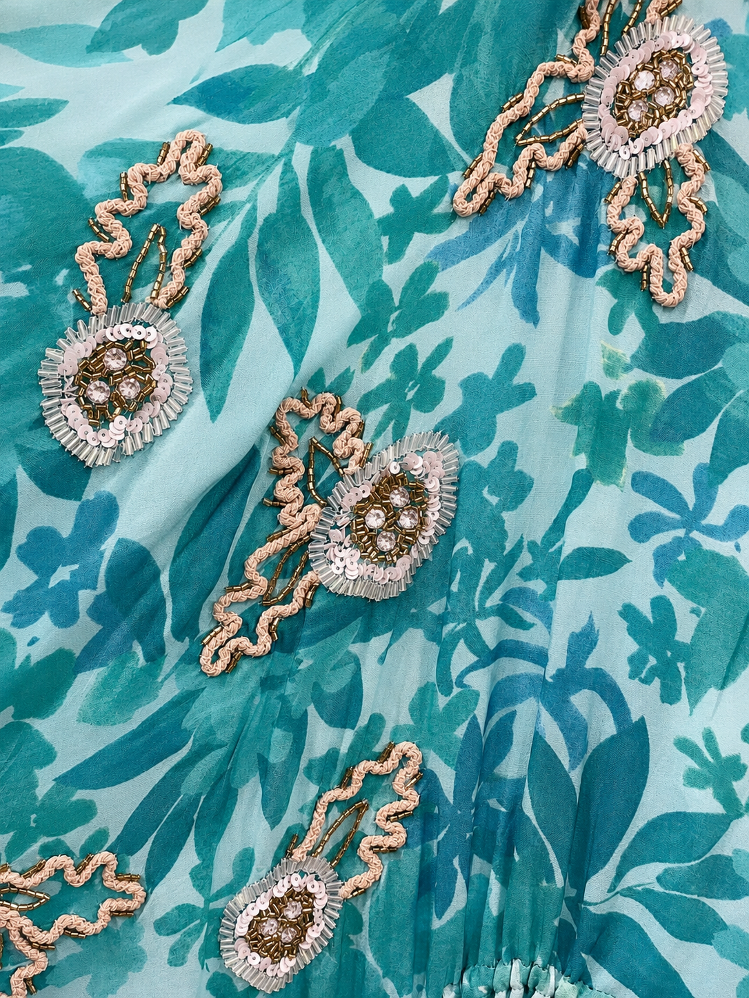 Soul Of Sita Caz Kaftan Long In Mint Green, Leaf Print With Hand Embellishment
