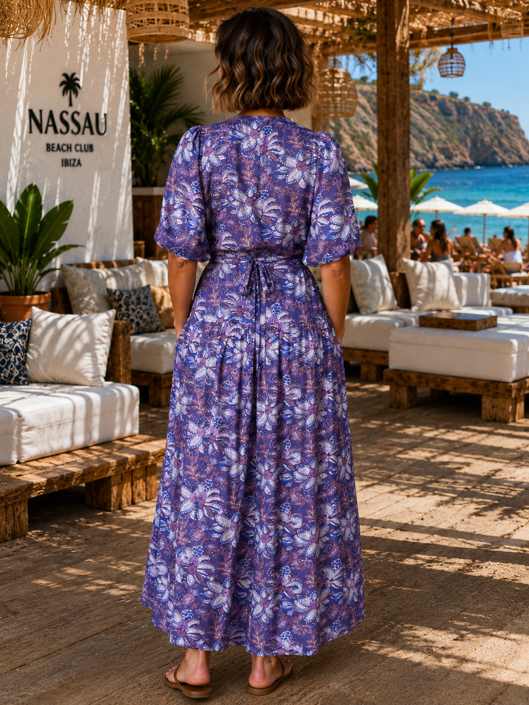 Soul Of Sita Lilian Wrap Dress - Puff Sleeve Wrap Dress In A Purple Floral Viscose Satin, Maxi Length