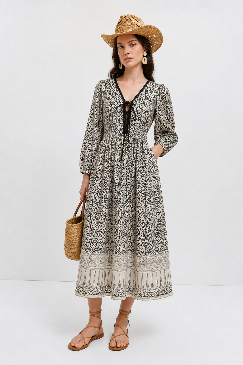 Soul Of Sita Aria Black And Ecru Woodblock Print Midi Dress With Tie Front Detail. 100% Cotton