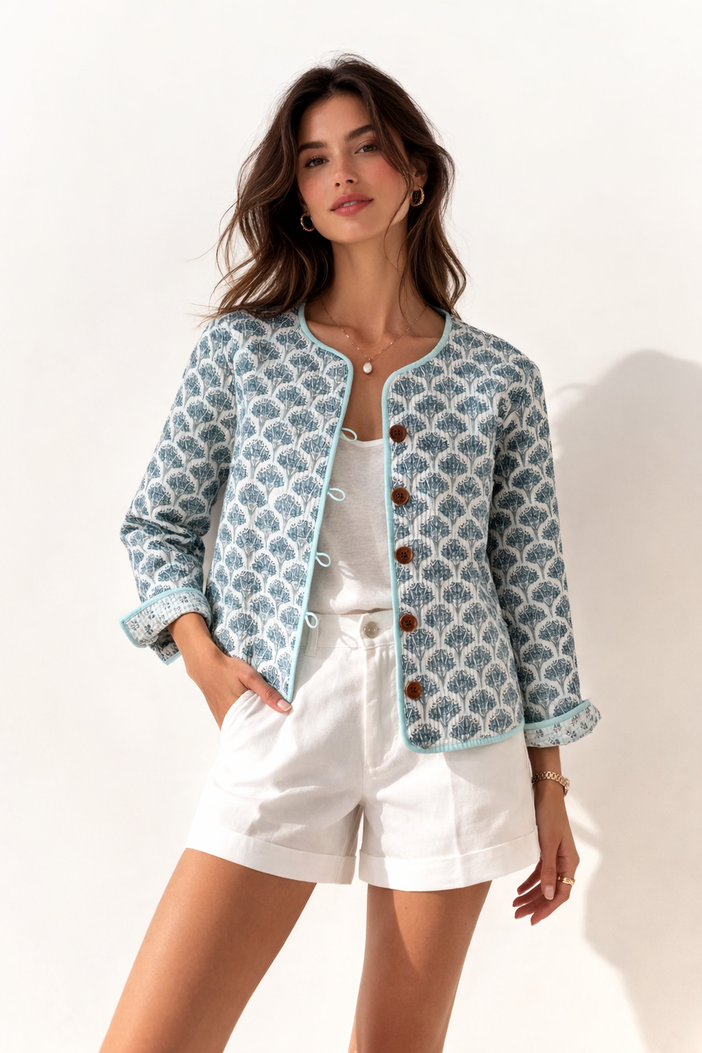 Soul Of Sita Wood Block Printed Cotton Quilted Reversible Jacket In Soft Blues.