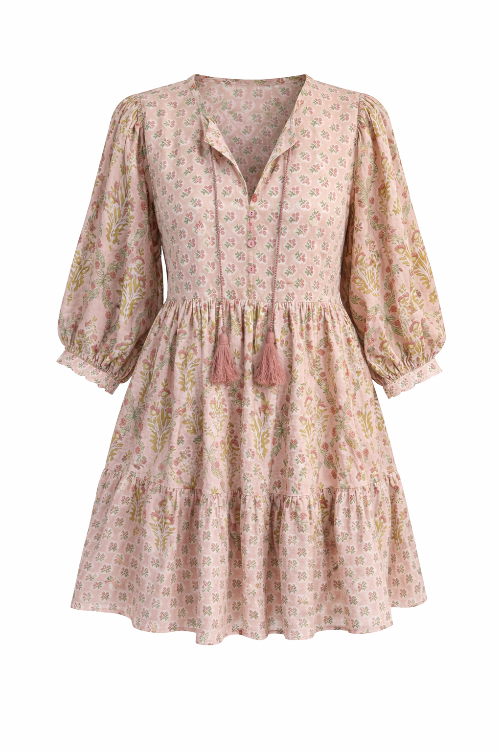 Soul Of Sita Ayla Ethnic Woodblock Pink Ditsy Floral Short Sundress