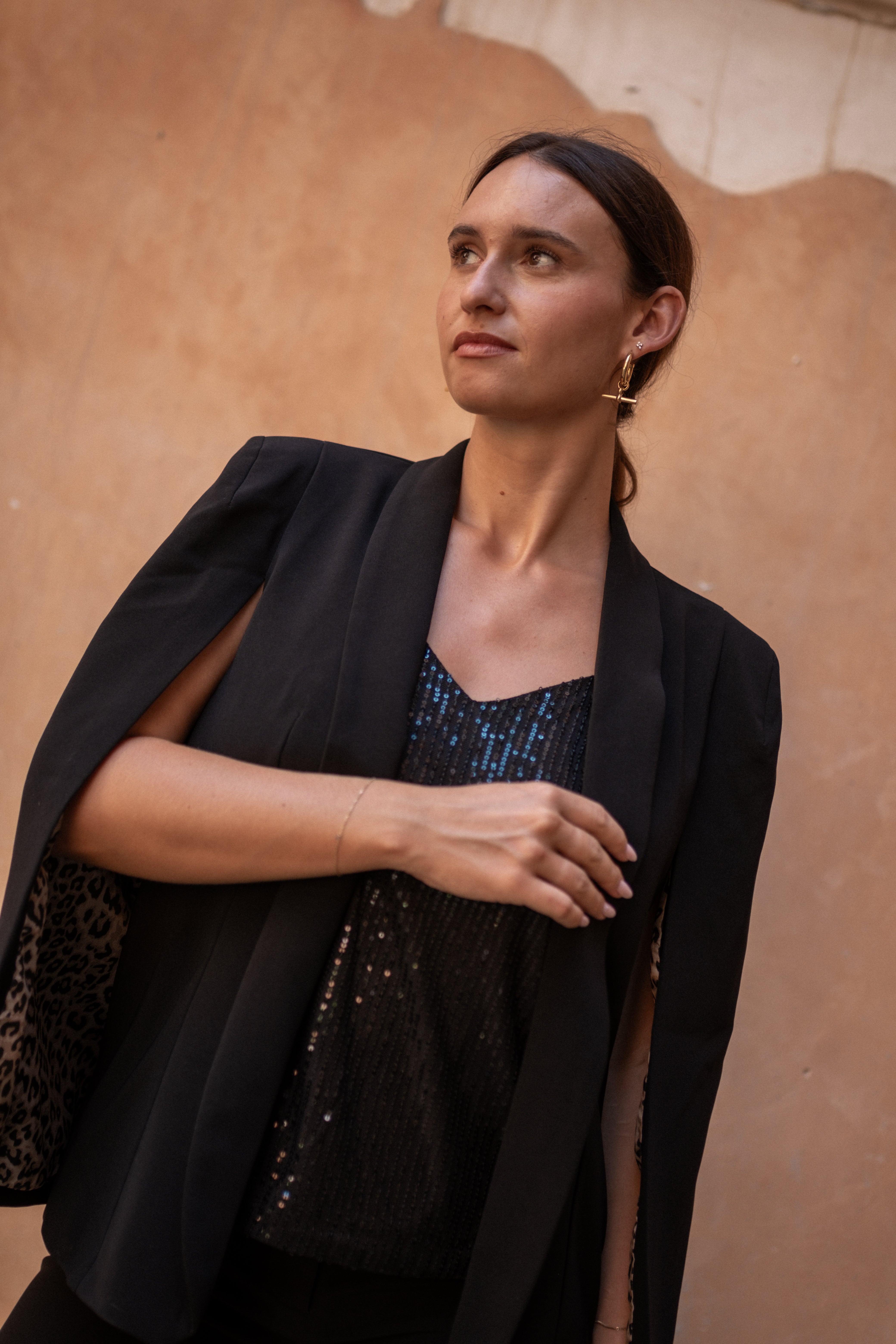Gini London Black Tailored Cape with Leopard Print Lining