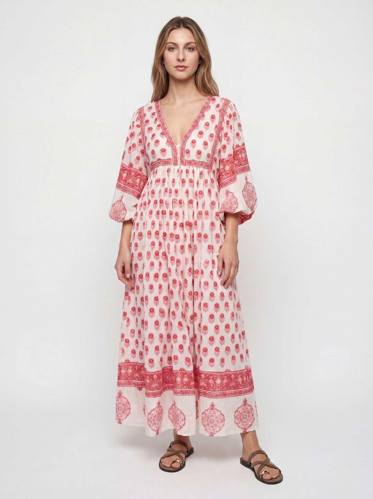 Soul Of Sita Amelia Red Floaty Sleeve Folk Print Maxi Dress