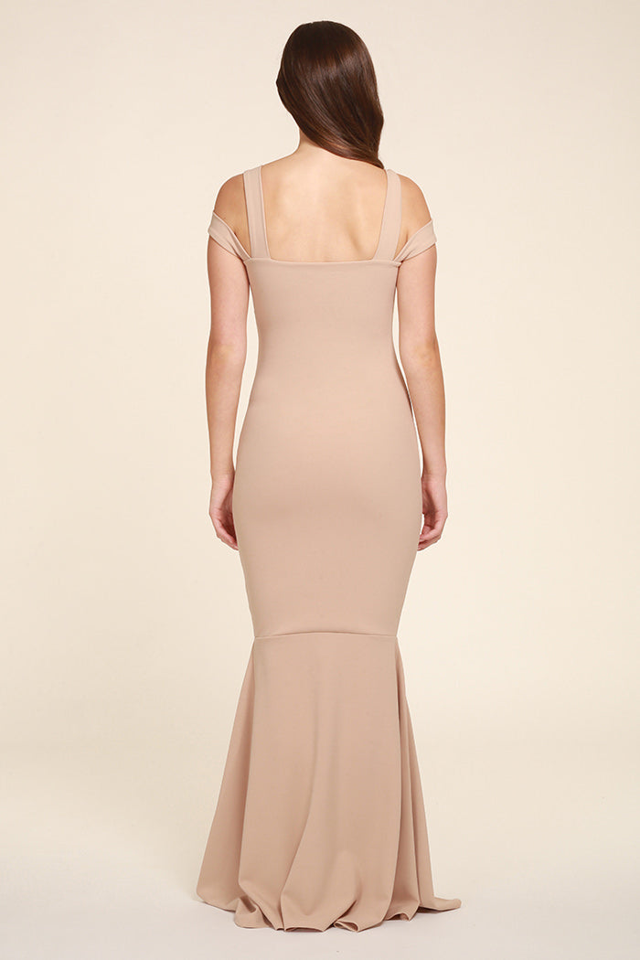 Evie Beige Cold Shoulder Fishtail Maxi Dress - Detail View | Honor Gold