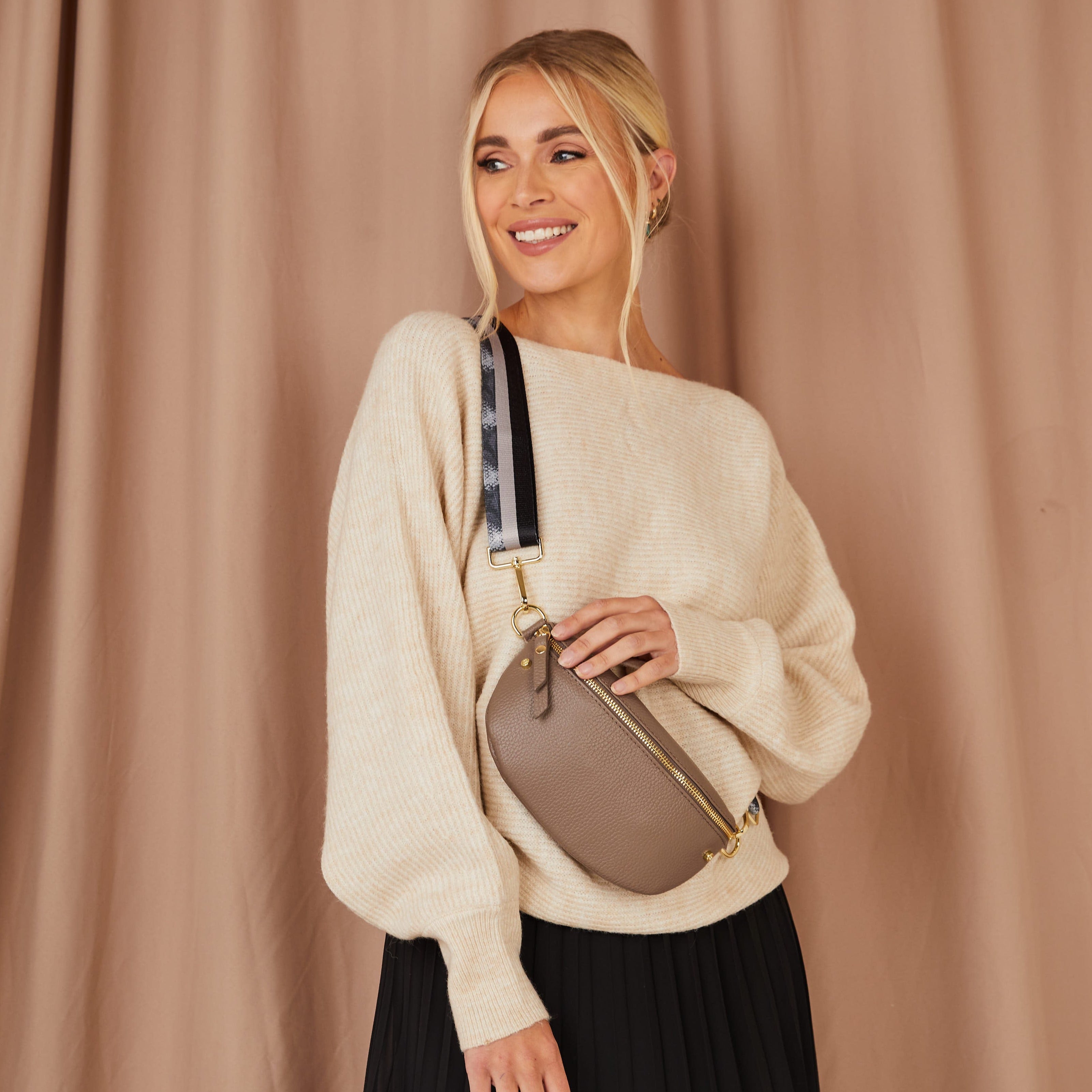 Elie Beaumont Sling Bag - Mink Grey with Python Stripe Strap