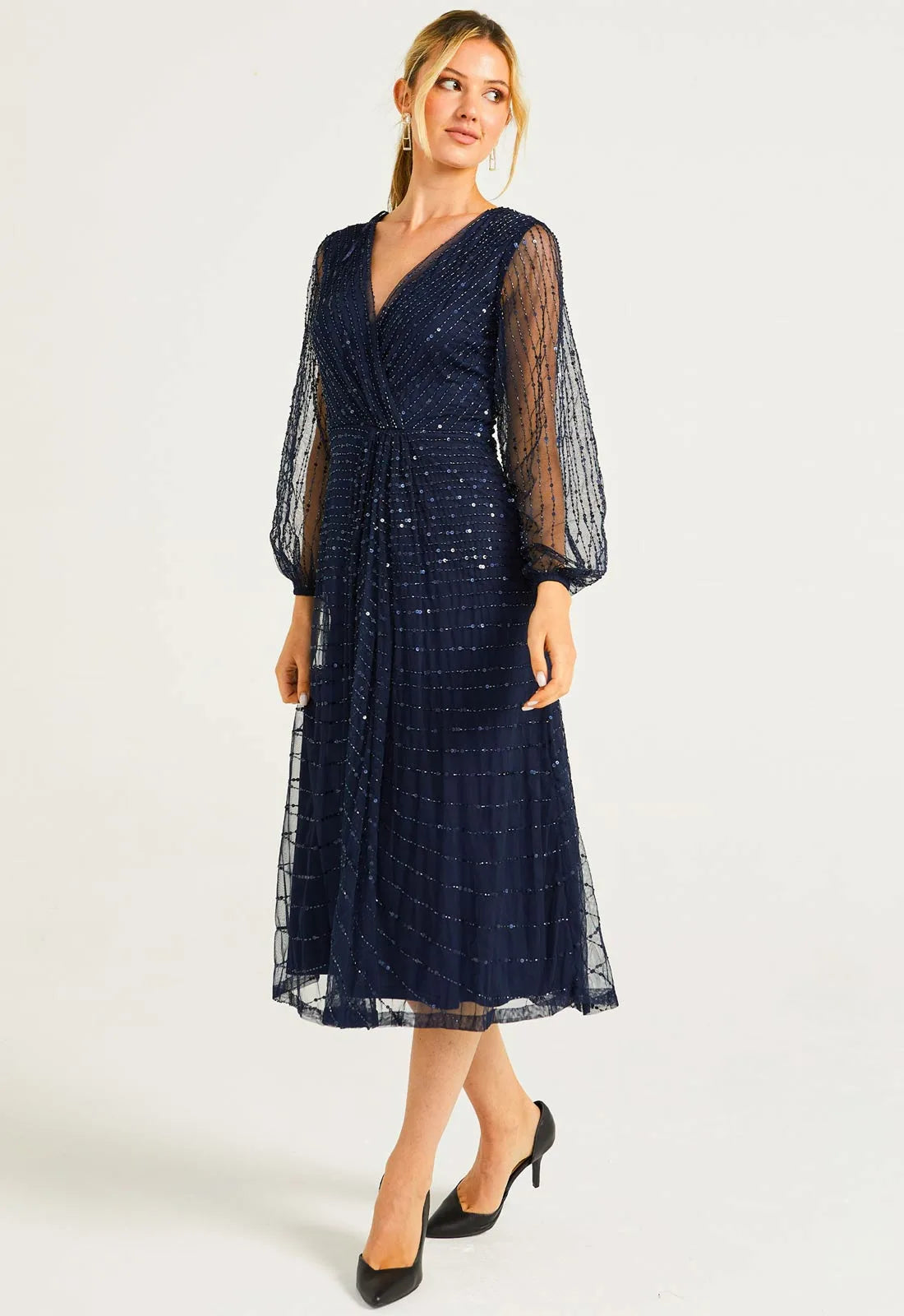 angeleye navy cocktail dress with sheer mesh sleeves