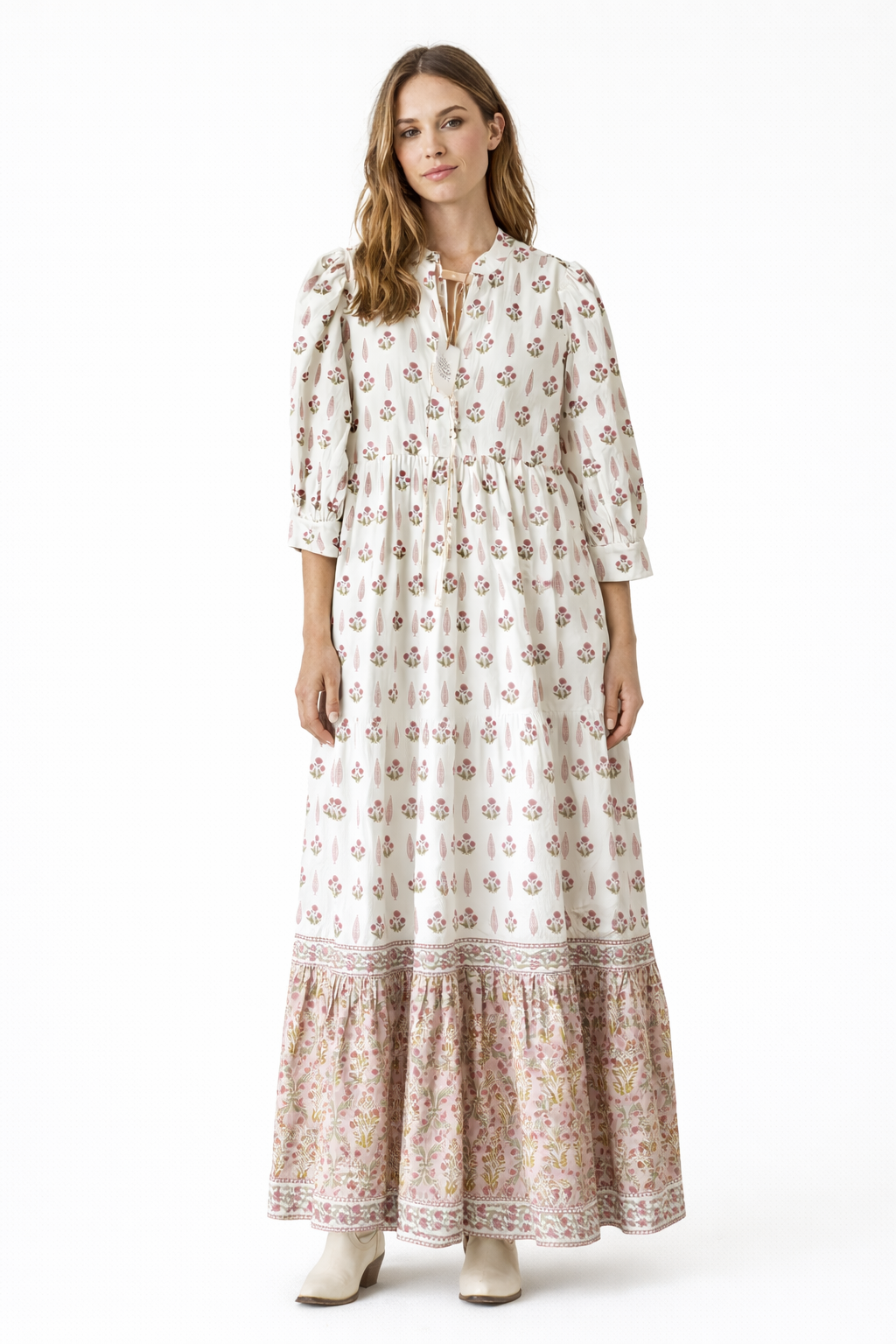 Soul Of Sita Lalita Cream Woodblock Print Maxi Dress 100% Cotton, Side Pockets And Border