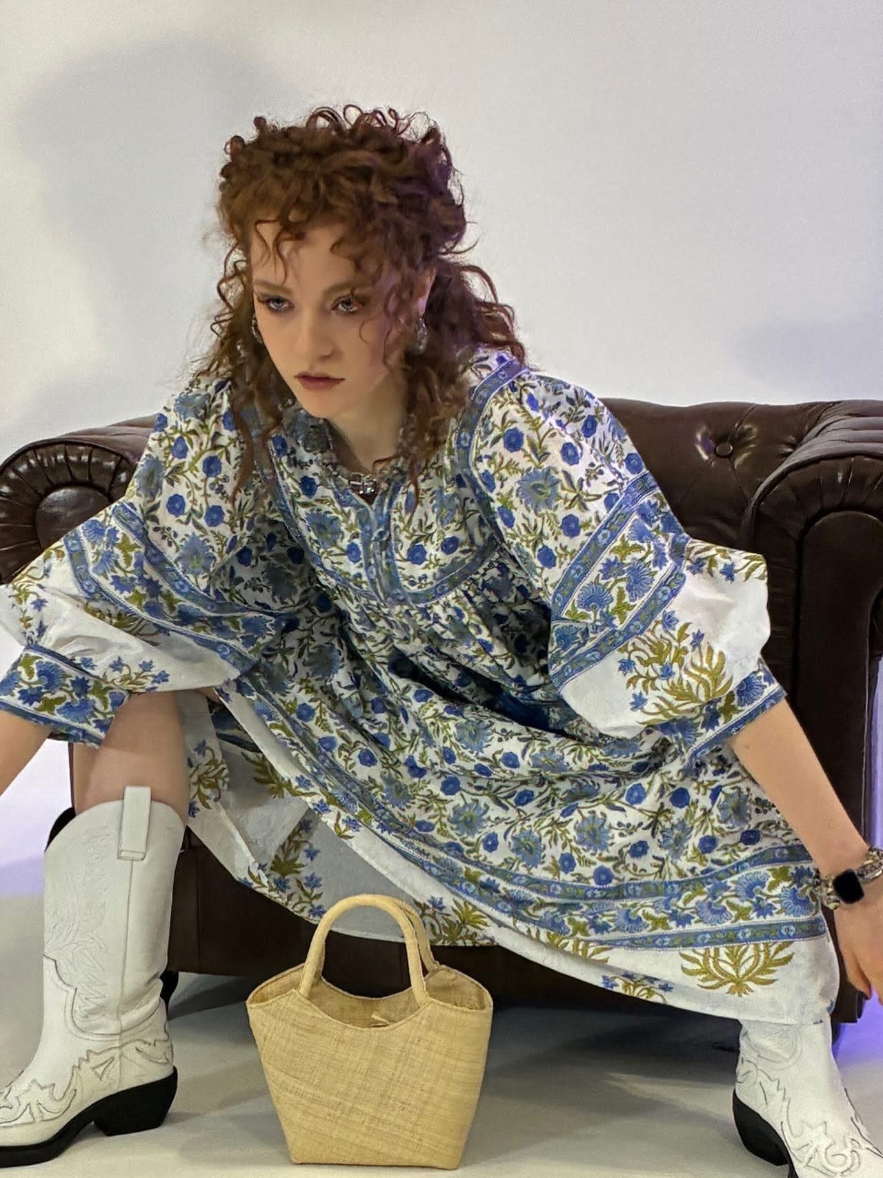 Soul Of Sita Amelia San Floral In Blue/Green Floaty Sleeve Maxi Folk Dress In Woodblock Print