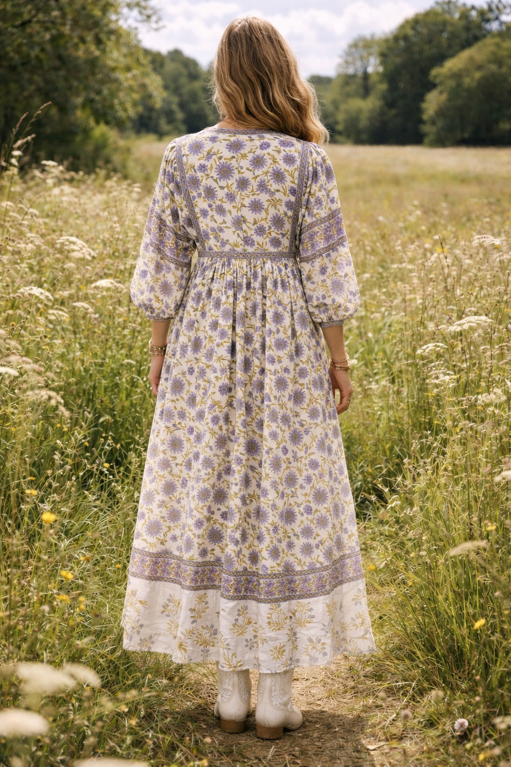 Soul Of Sita Amelia San Floral Lilac Floaty Sleeve Woodblock Print With Flowers, Maxi Dress