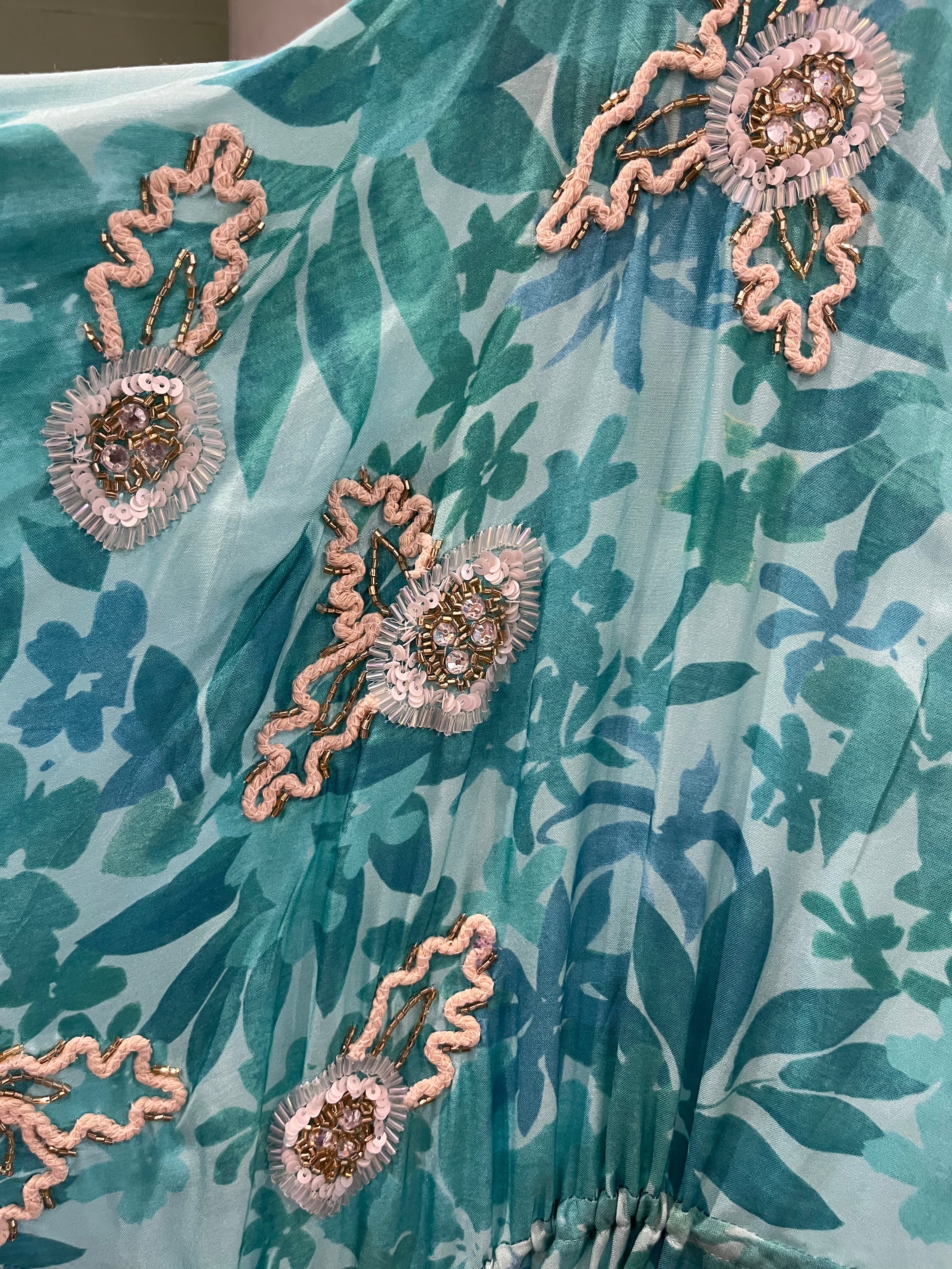 Soul Of Sita Caz Kaftan Long In Mint Green, Leaf Print With Hand Embellishment