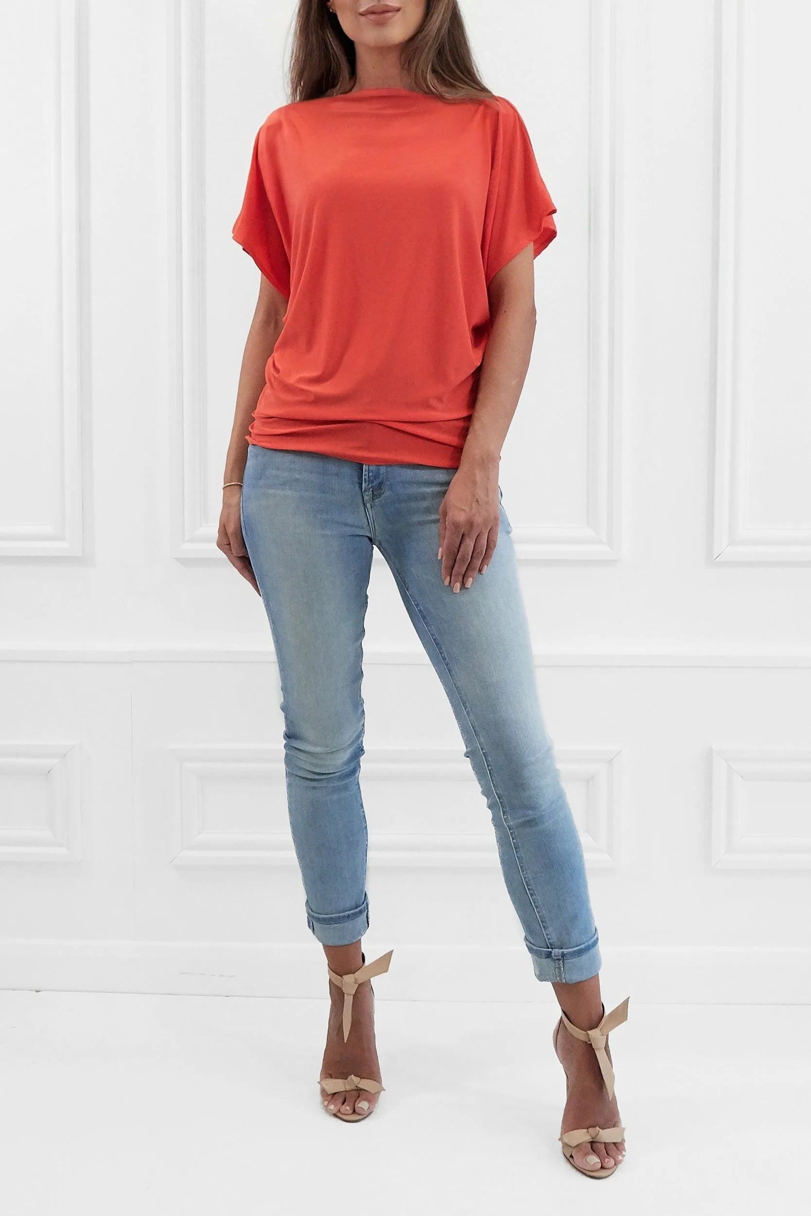 Honor Gold Finley Orange Batwing Top With Slashed Neckline