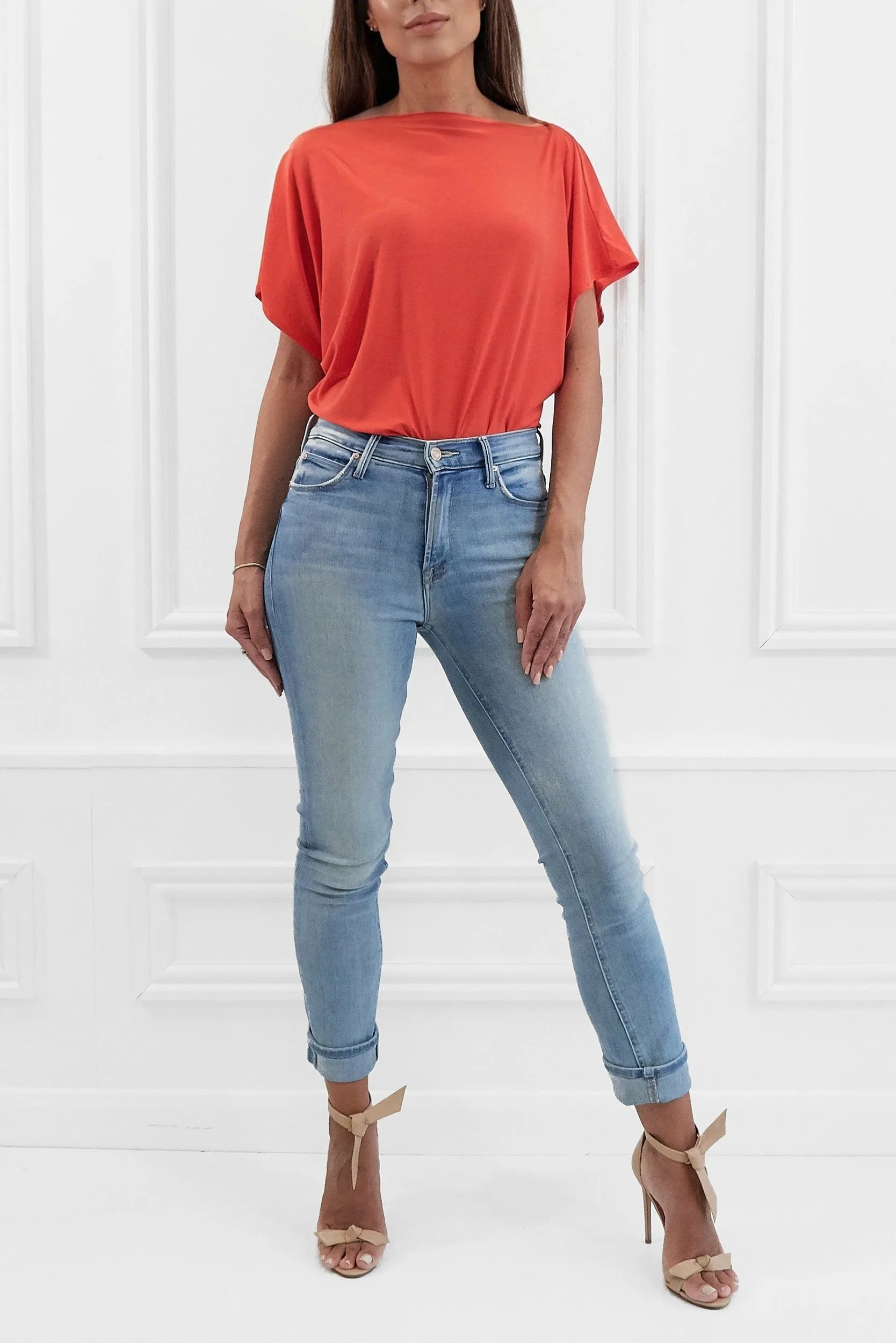 Honor Gold Finley Orange Batwing Top With Slashed Neckline