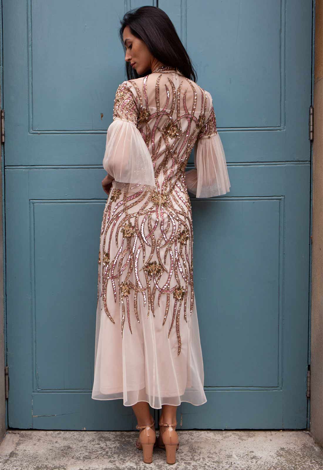 Raishma Nude Fern Embellished Maxi Dress