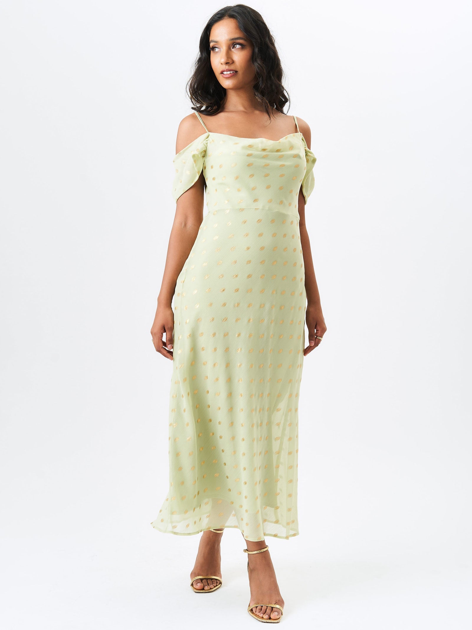 Gini London Sage Green Cowl Neck Drop Sleeves Foil Maxi Dress