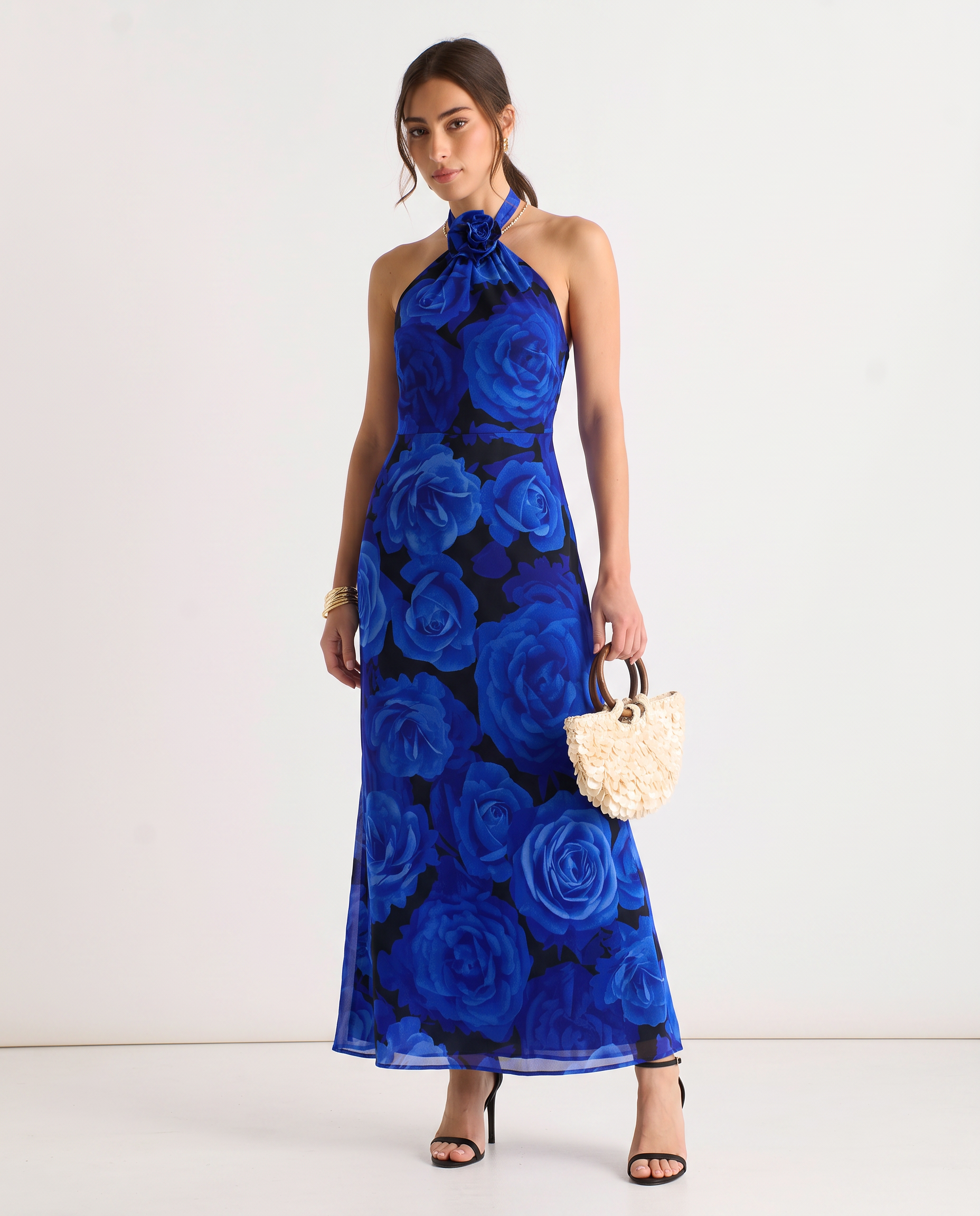 Gini London Blue Floral Occasion Halter Maxi Dress