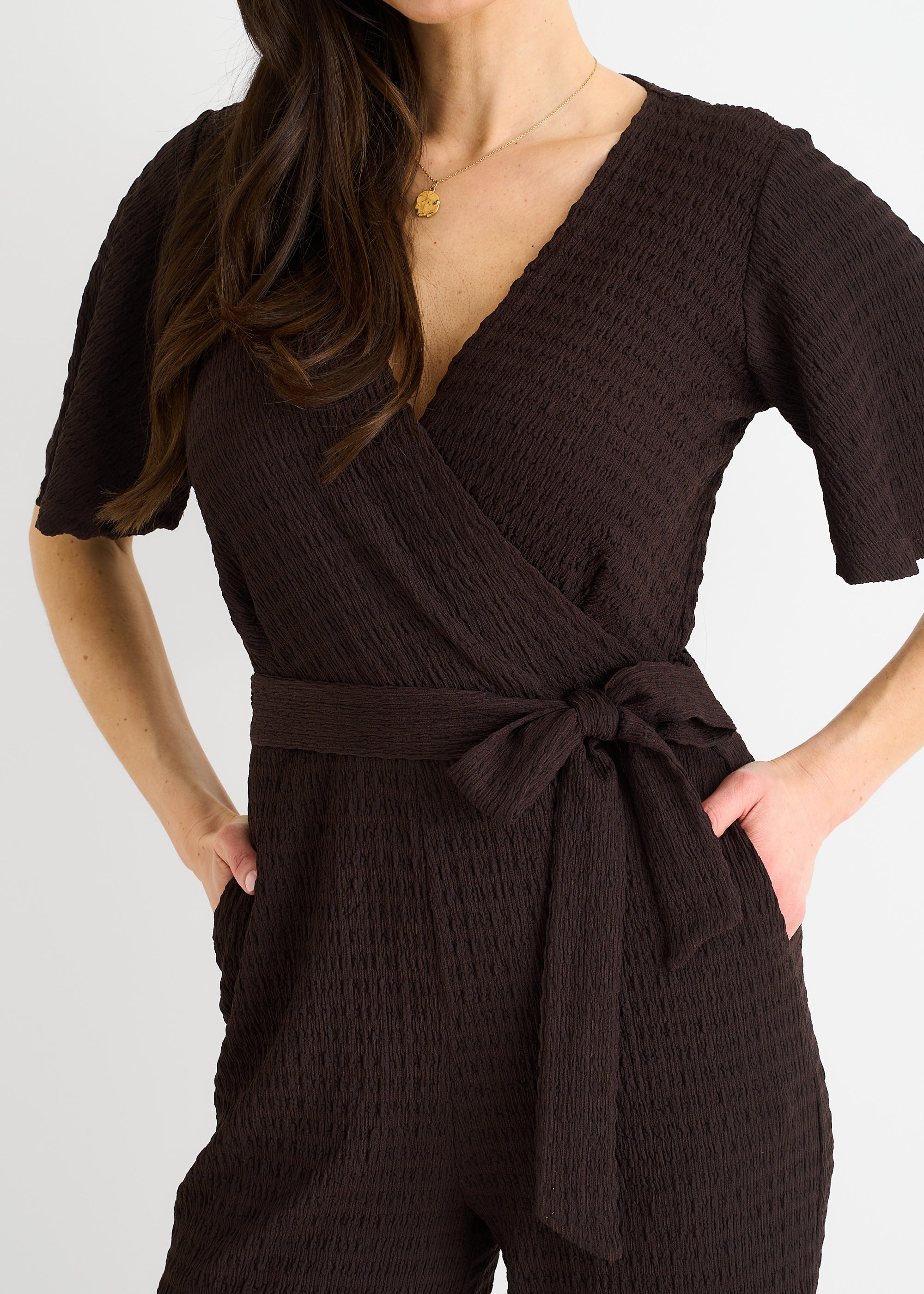 Gini London Chocolate Textured Jersey Wrap Wide Leg Jumpsuit